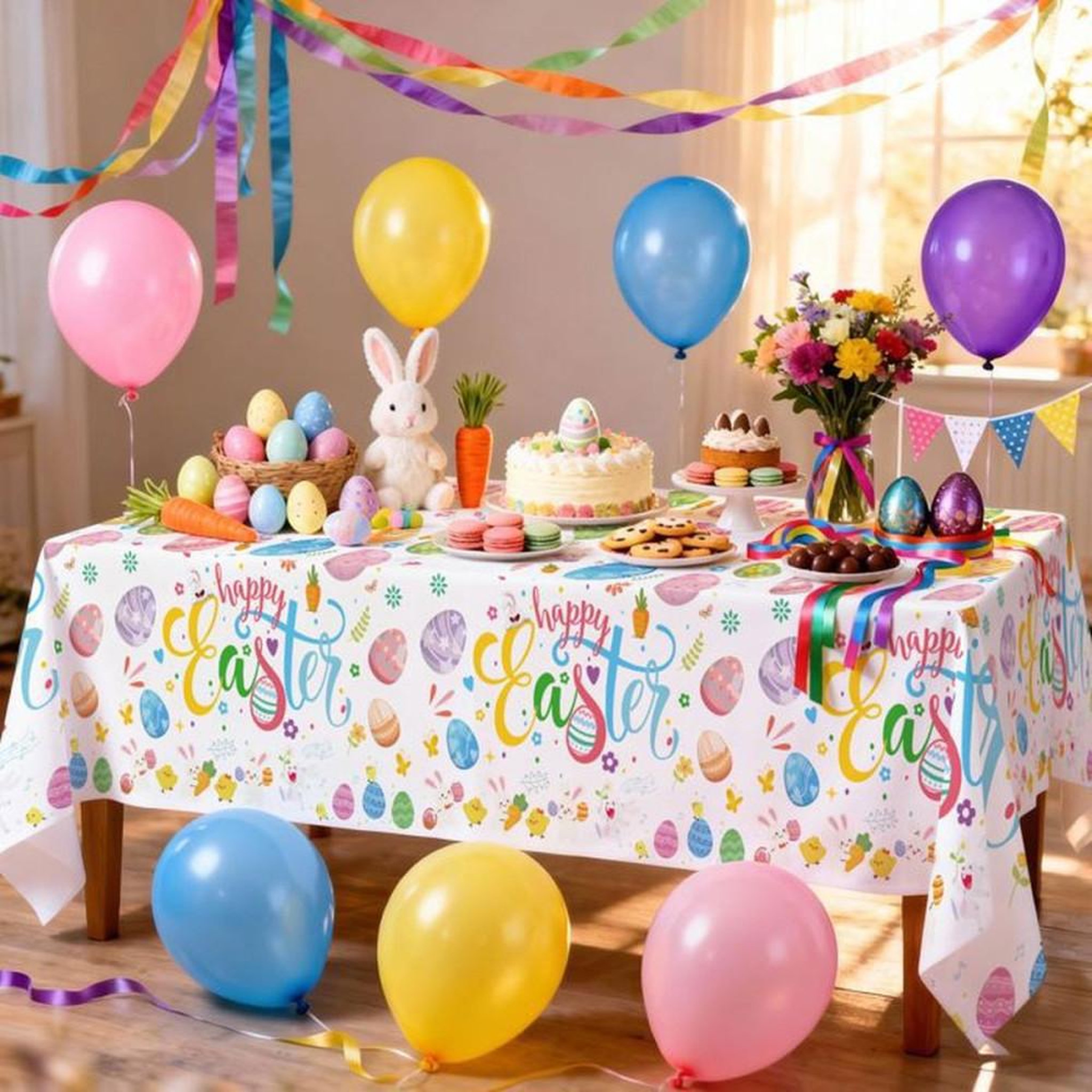 Voir la diapositive 6 : Set de nappes de Pâques 3 pièces multicolores motif lapins lavable et réutilisable