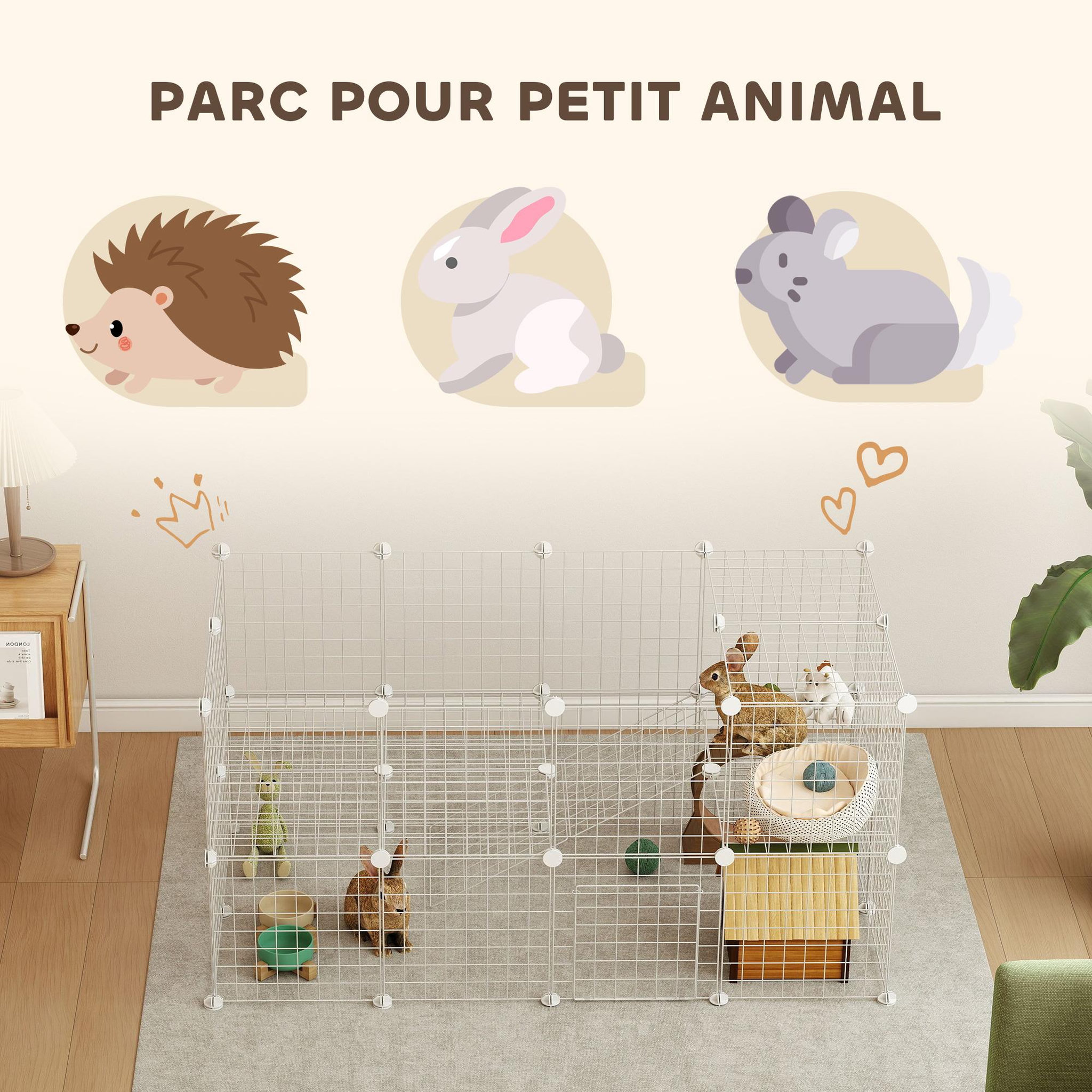 Voir la diapositive 5 : PAWHUT Cage parc enclos pour animaux domestiques l 146 x l 73 x h 73 cm modulable 2 niveaux 36 panneaux bords arrondis fil métallique blanc
