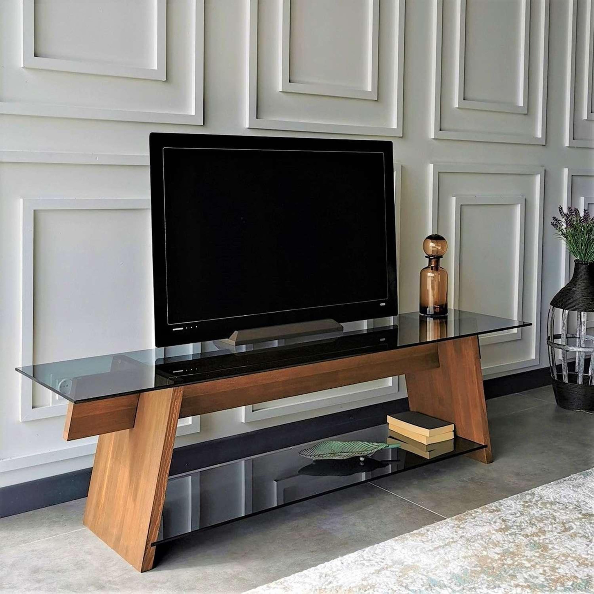 Voir la diapositive 6 : TOILINUX Meuble tv 1 étagère lustrelle en verre et bois massif - marron