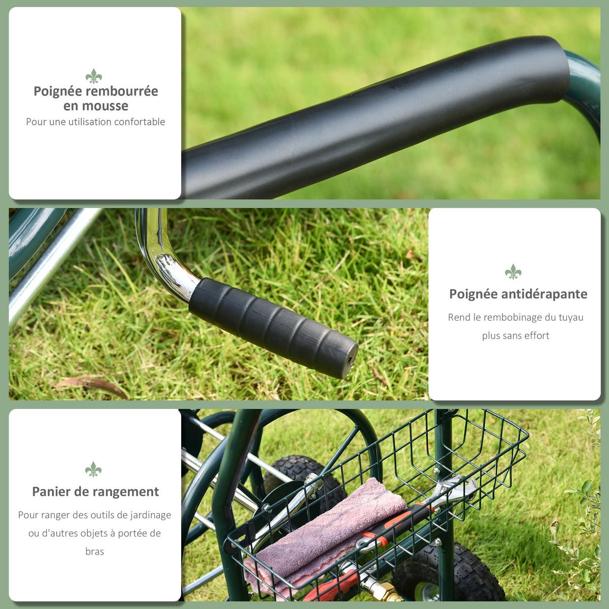 OUTSUNNY Dévidoir sur roues 70 m - dévidoir métal - dévidoir chariot - enrouleur tuyau d'arrosage - poignée antidérapante, panier rangement - métal vert