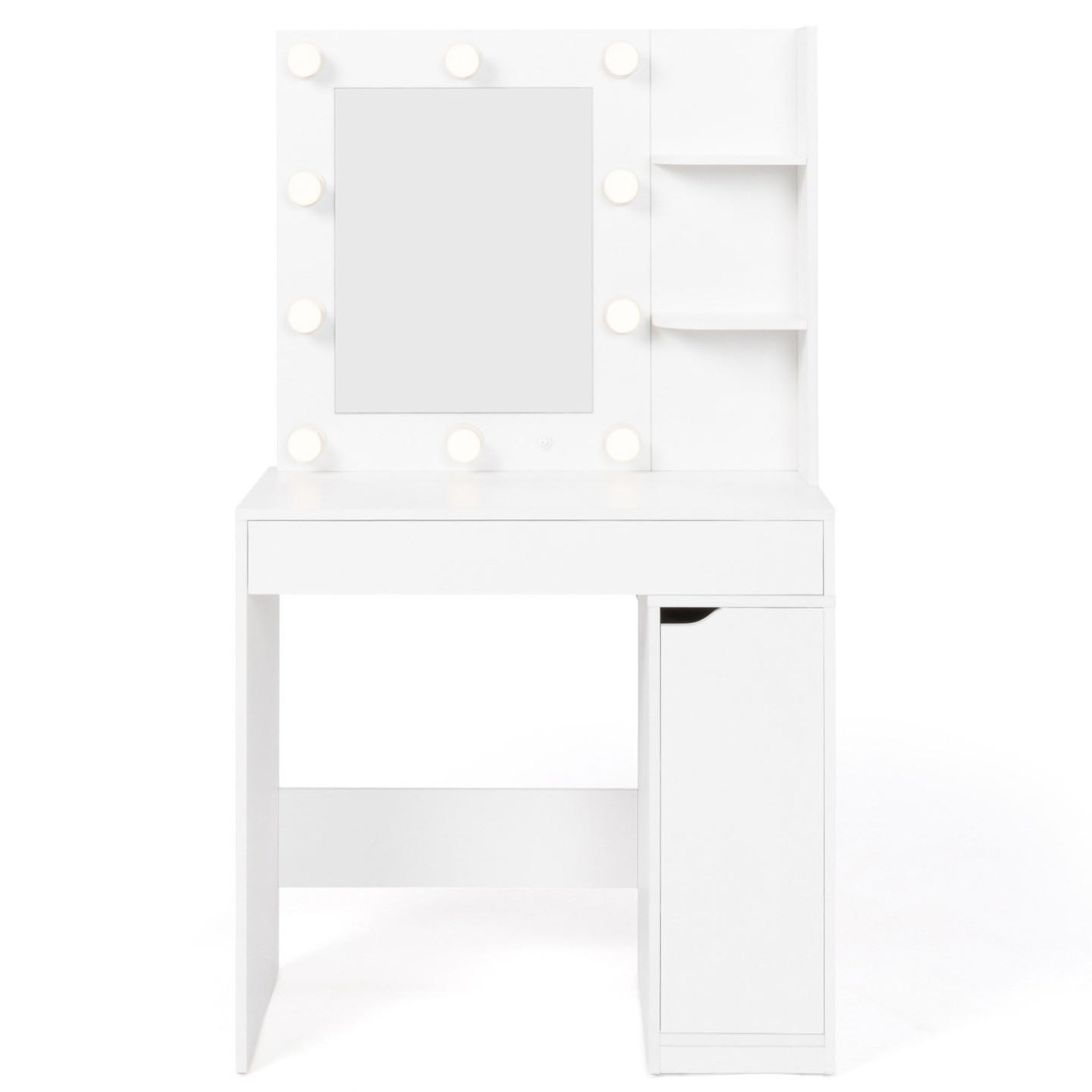 Voir la diapositive 3 : ID MARKET Coiffeuse zelia miroir led avec 1 tiroir, étagères, caisson de rangement et tabouret