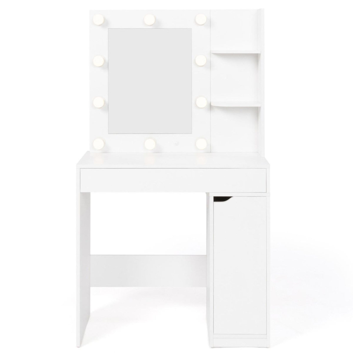 ID MARKET Coiffeuse ZELIA miroir LED avec 1 tiroir, étagères, caisson de rangement et tabouret