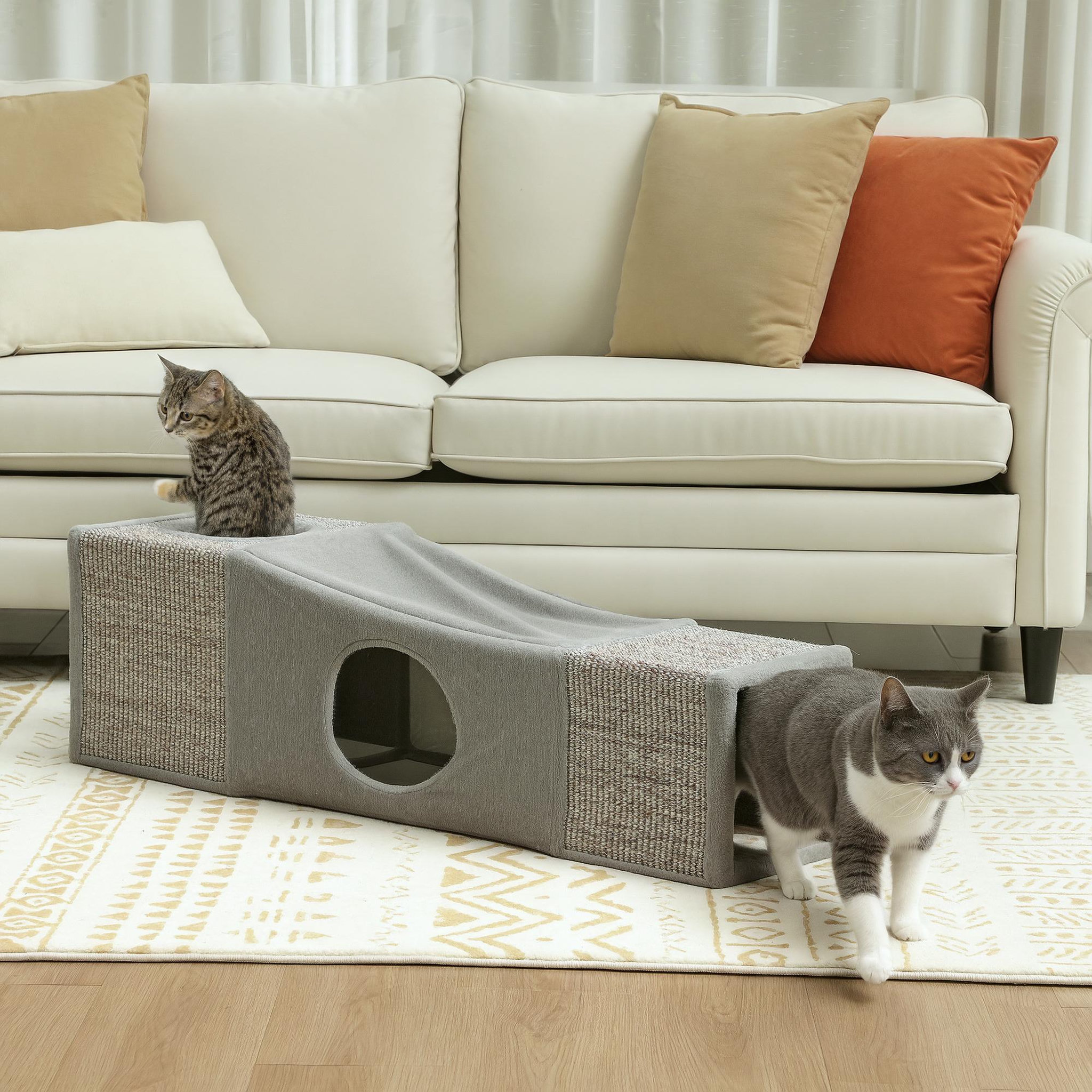 Voir la diapositive 6 : PAWHUT Tunnel grattoir niche modulable pour chat 3 en 1 - jeu balle suspendue - 4 entrées - peluche sisal gris