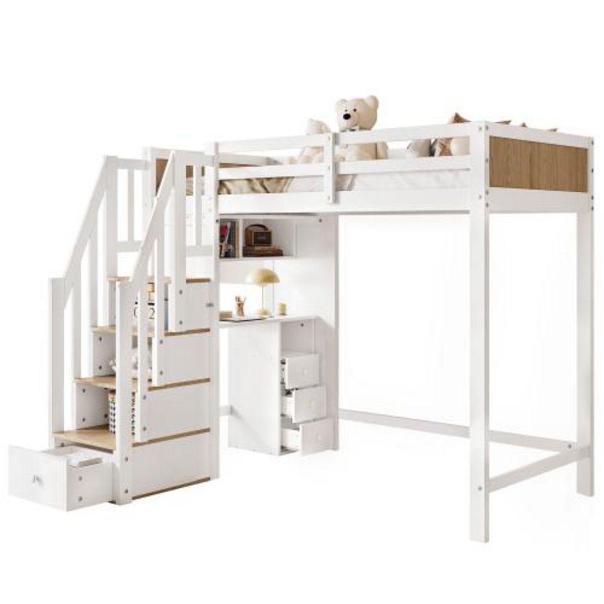 MERAX Lit combiné enfant 90x200cm bois et mdf coloris blanc+naturel