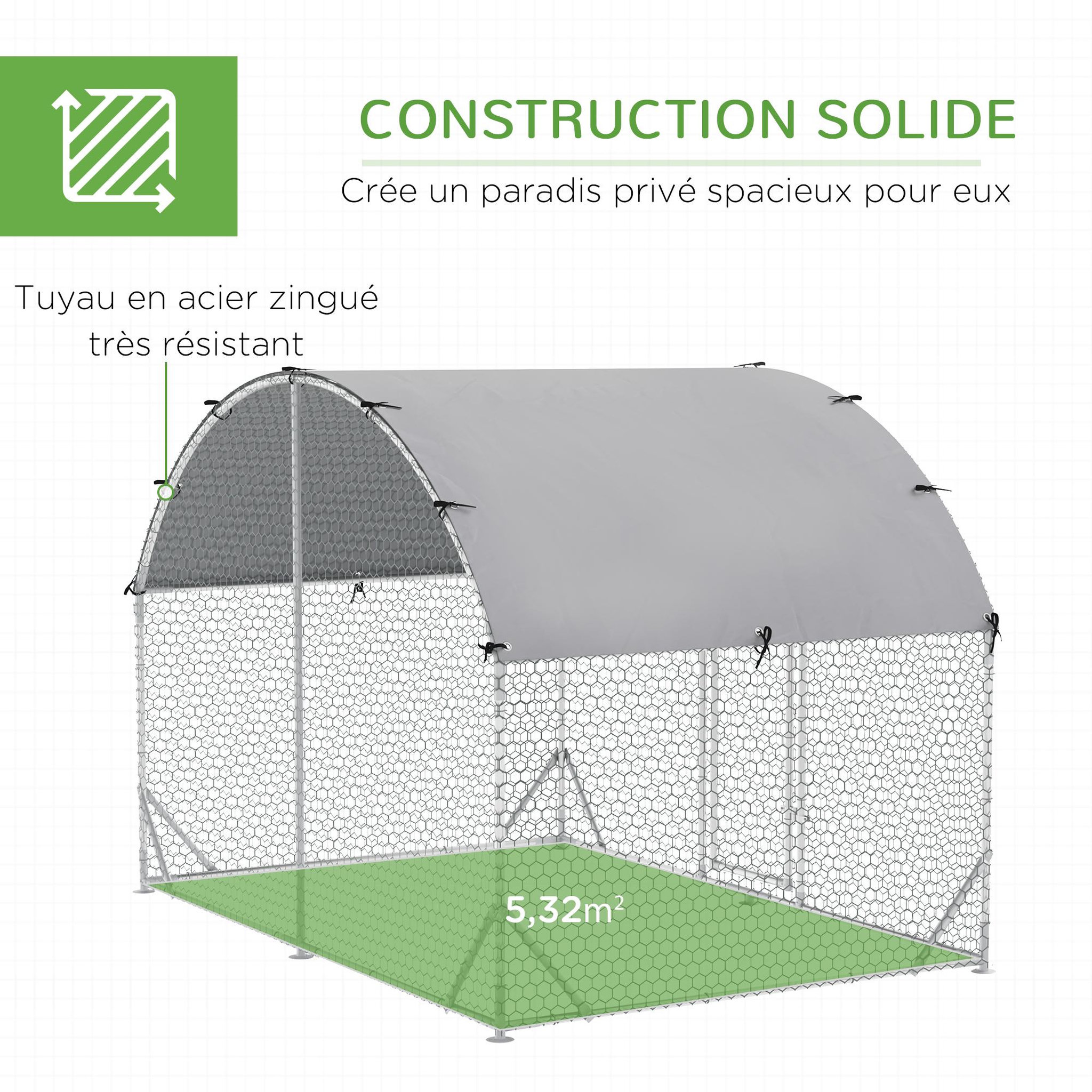 Voir la diapositive 6 : PAWHUT Enclos poulailler chenil couvert 5,32 m² - parc grillagé dim. 2,8L x 1,9l x 1,97H m - acier galvanisé