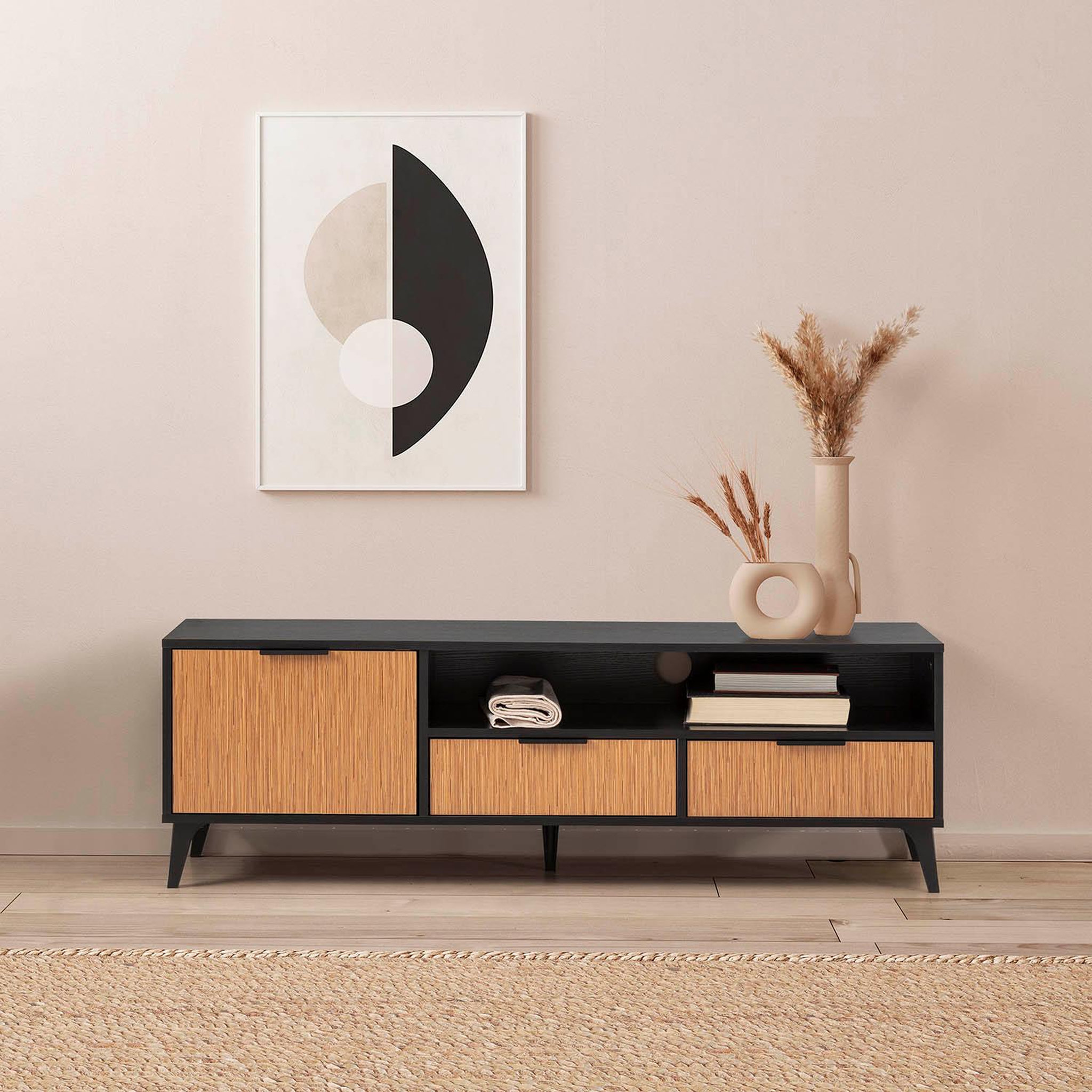 Voir la diapositive 2 : VS VENTA-STOCK Meuble TV Denis 1 porte et 2 tiroirs, couleur Noir/Bois