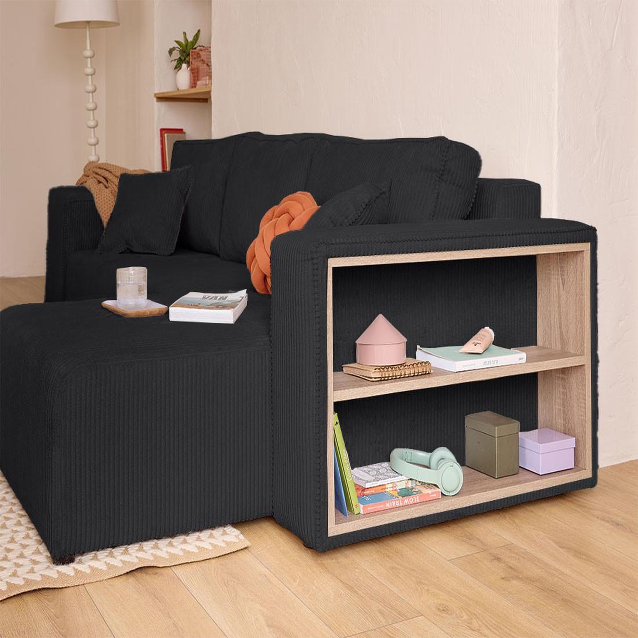 Voir la diapositive 4 : BEST MOBILIER Topaze - canapé d'angle réversible 4 places - convertible avec coffre, tablette et poufs - en velours côtelé
