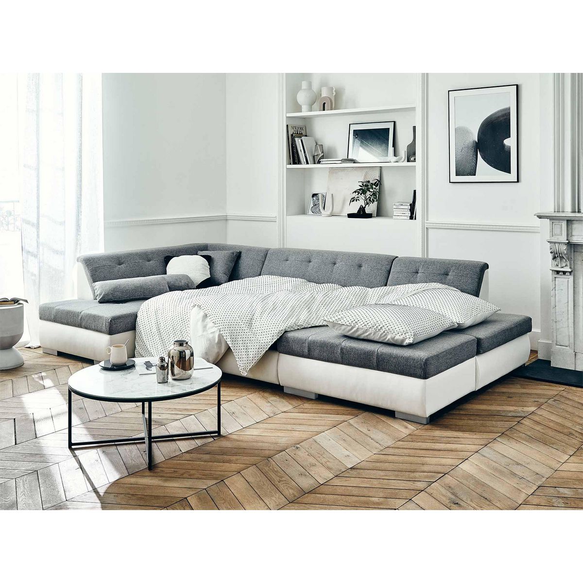 LISA DESIGN Vermont - canapé panoramique d'angle gauche - 7 places - convertible - en simili et tissu