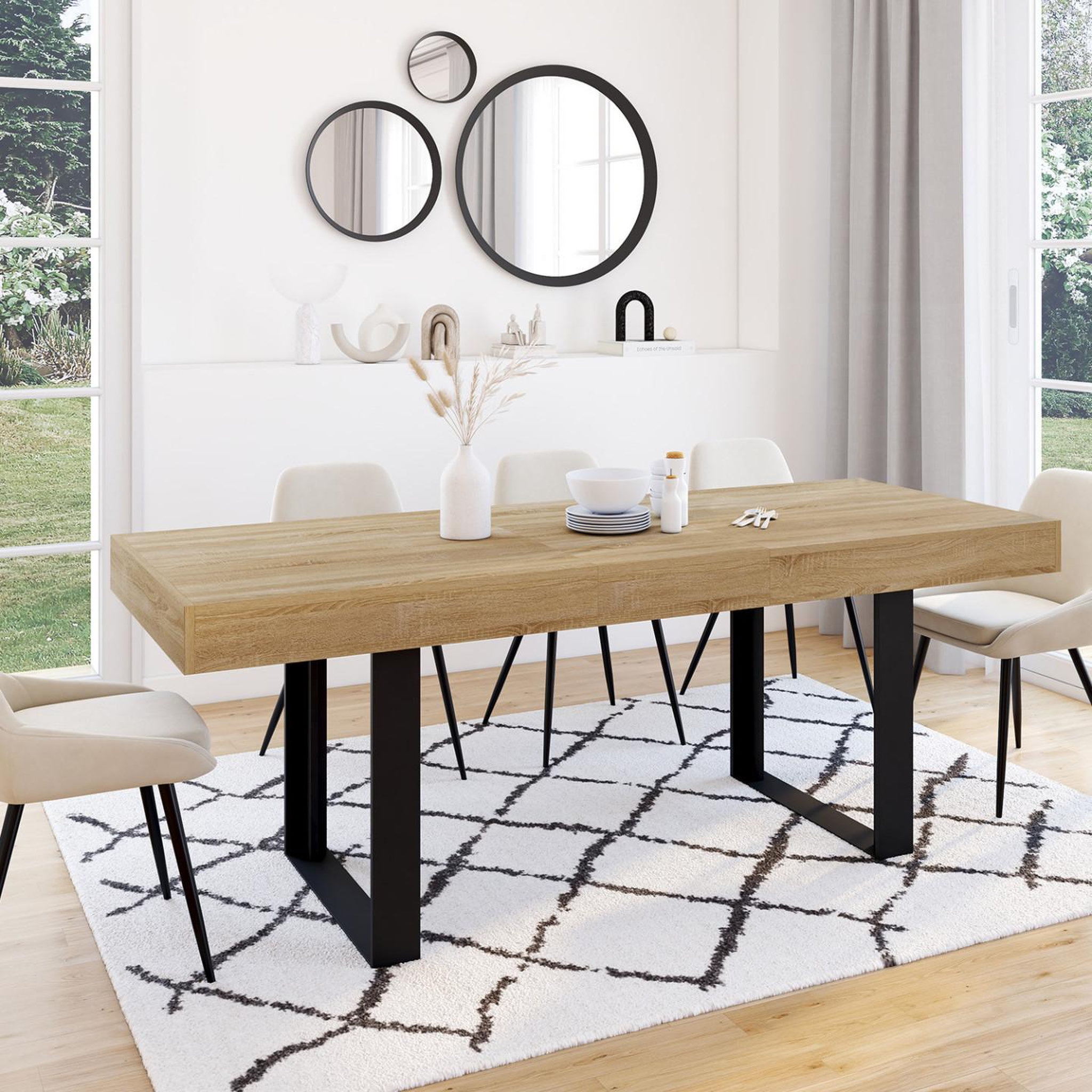 Voir la diapositive 2 : ID MARKET Table à manger extensible rectangle phoenix 4-8 personnes bois et noir 160-200 cm