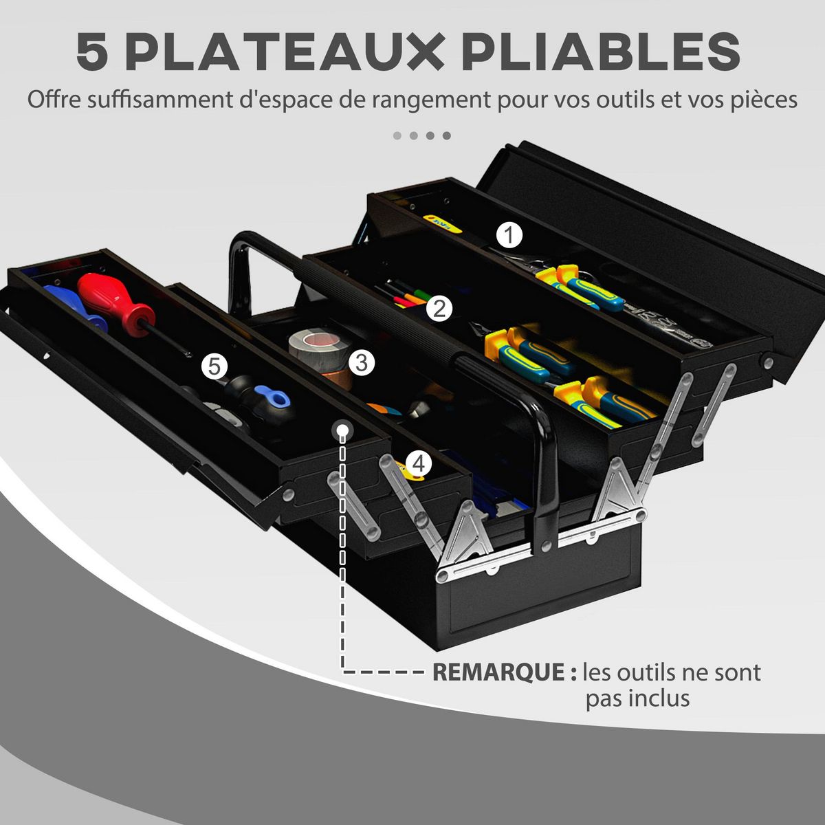 HOMCOM Boite à outils métallique - coffret à outils - caisse à outils 3 niveaux 5 plateaux rétractables - tôle acier noir