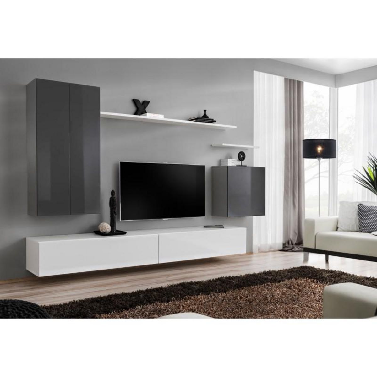 Paris Prix Meuble TV Mural Design  Switch II  270cm Gris & Blanc