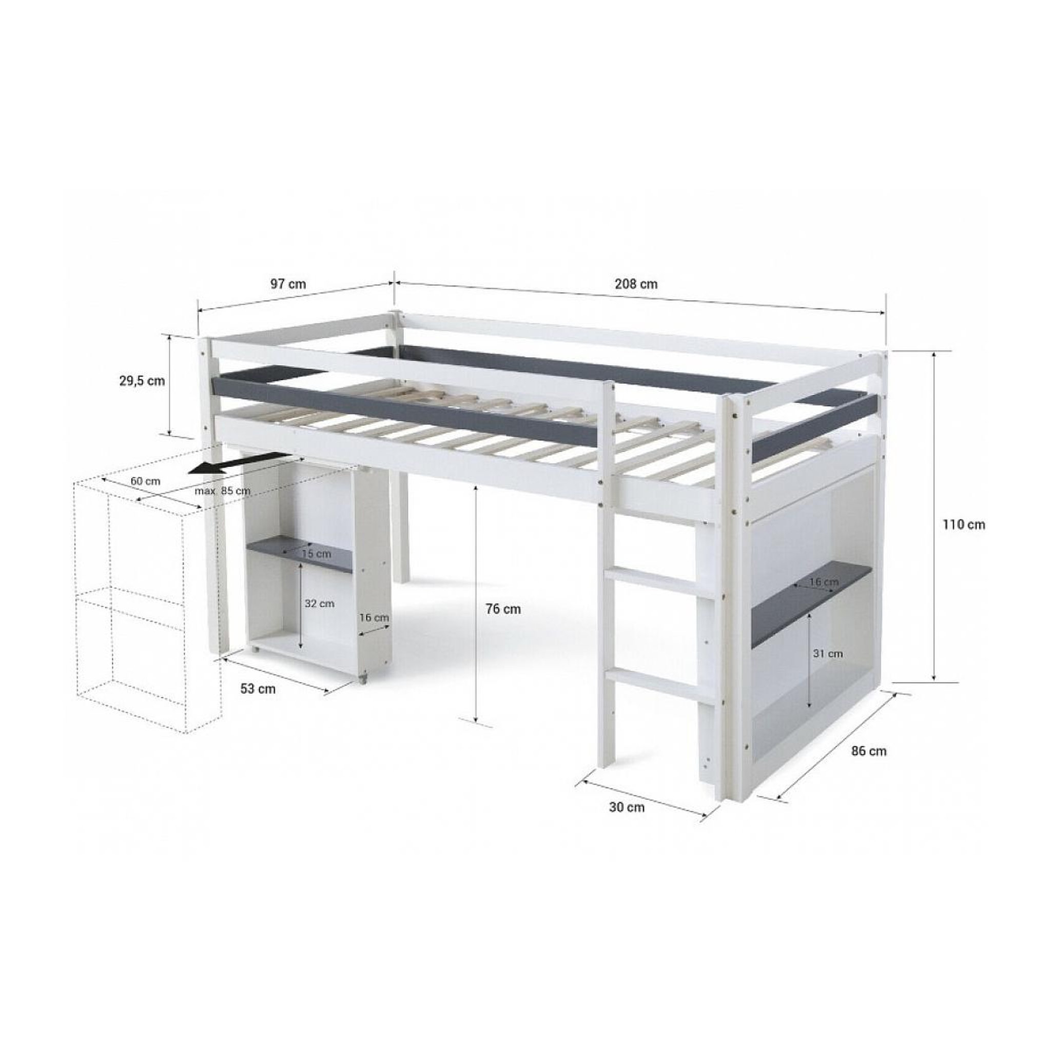 Voir la diapositive 2 : HomeStyle4U Lit Mezzanine Bois Blanc 90x200 Avec Bureau