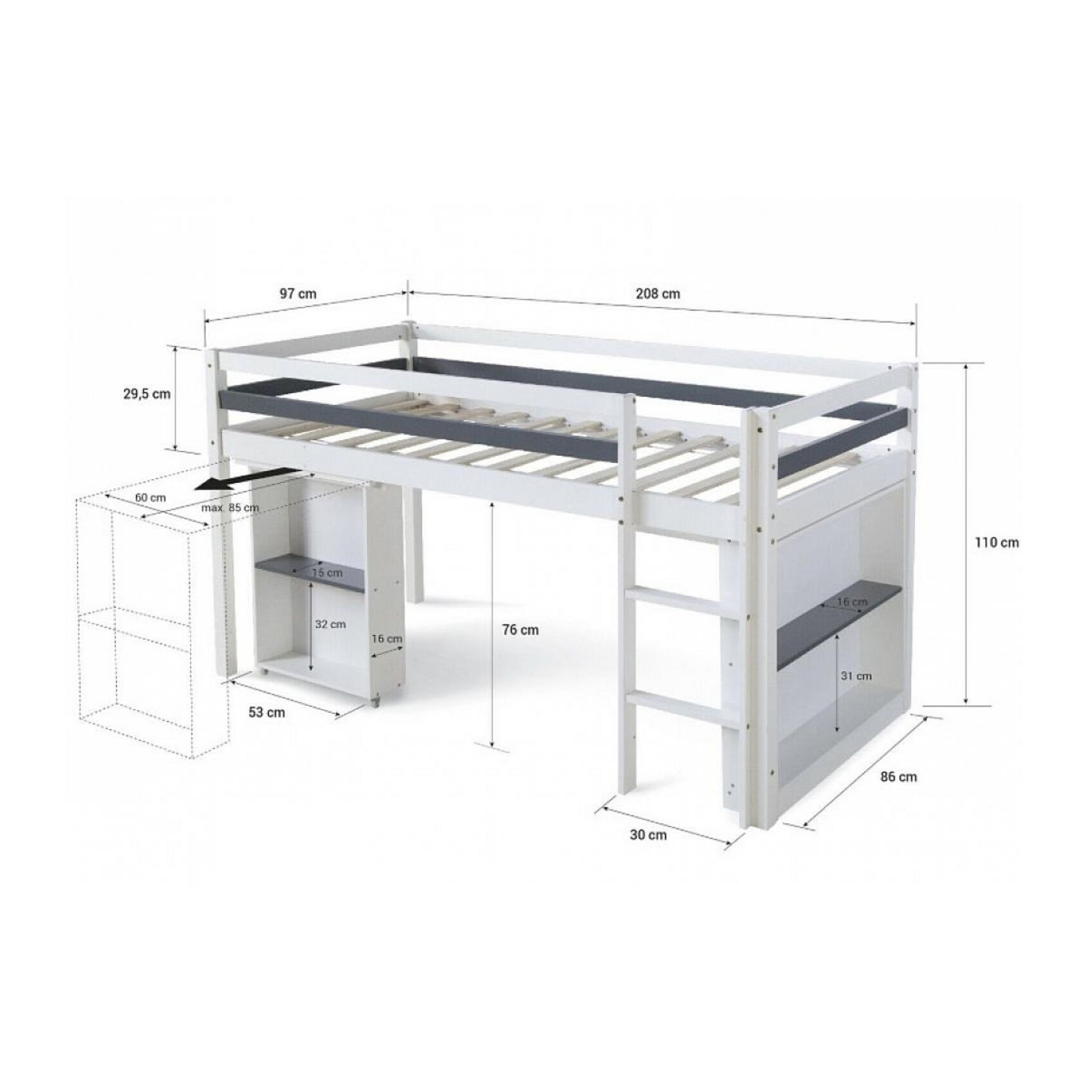 HomeStyle4U Lit Mezzanine Bois Blanc 90x200 Avec Bureau