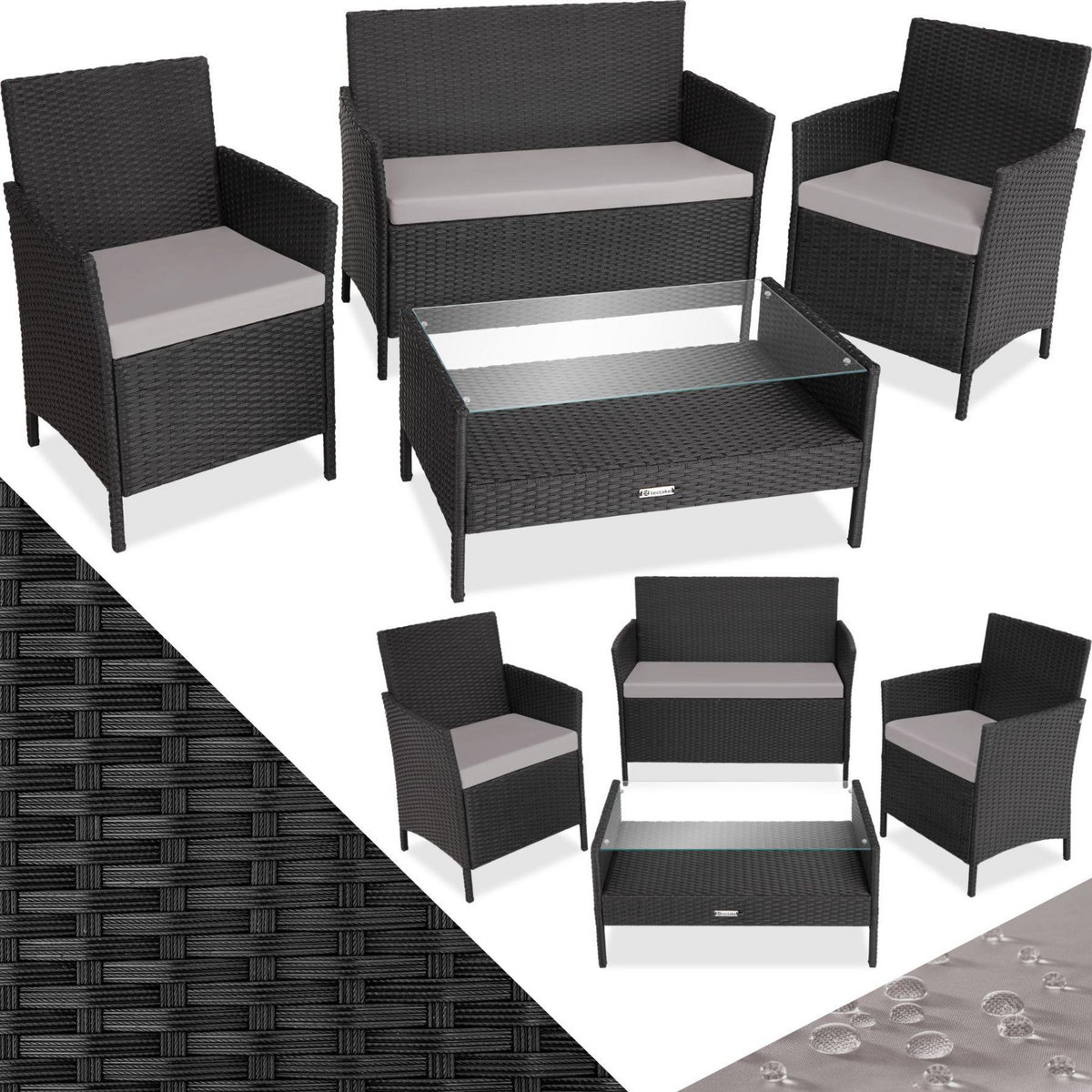 tectake Salon de jardin Pour 4 personnes noir/gris