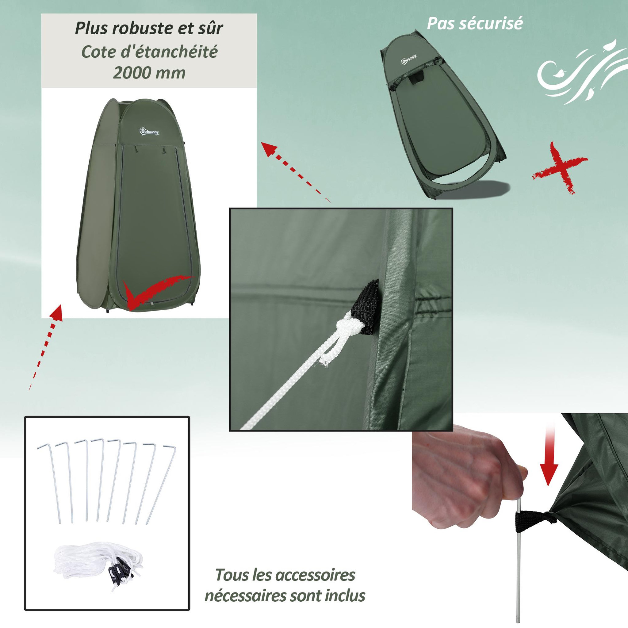Voir la diapositive 6 : OUTSUNNY Tente de douche pliable pop-up automatique instantanée cabinet de changement camping polyester vert