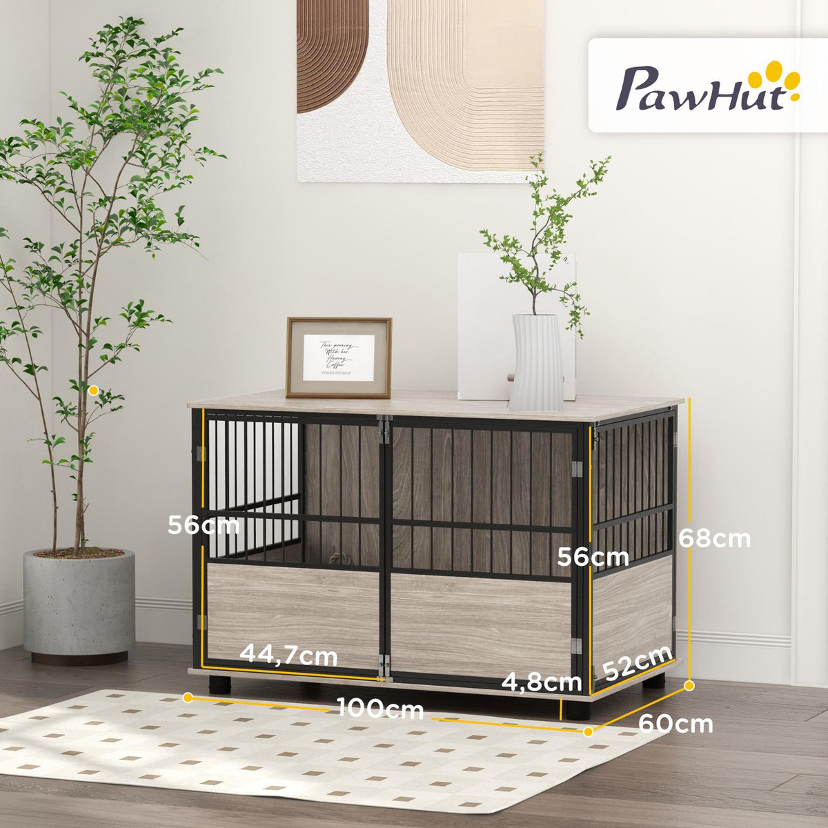 PAWHUT Cage pour chien animaux style industriel - porte coulissante verrouillable - acier noir panneaux aspect bois
