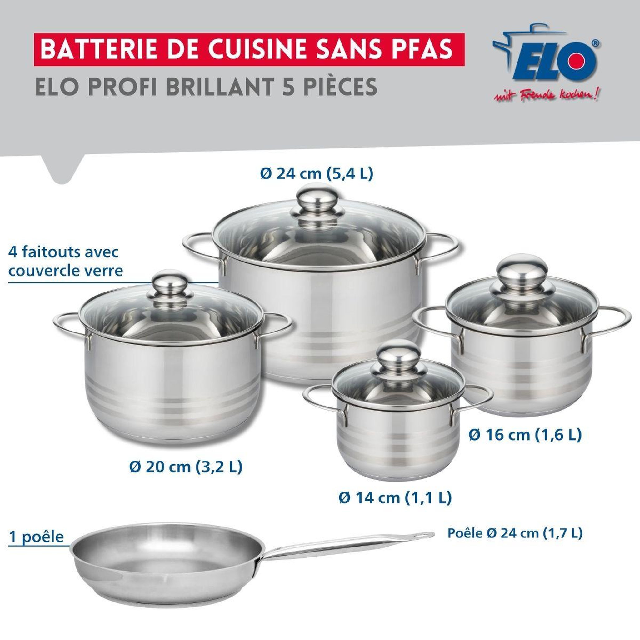 Voir la diapositive 2 : ELO Ensemble de 1 poêle de cuisson 24 cm et 4 faitouts 14, 16, 20 et 24 cm elo profi brillant