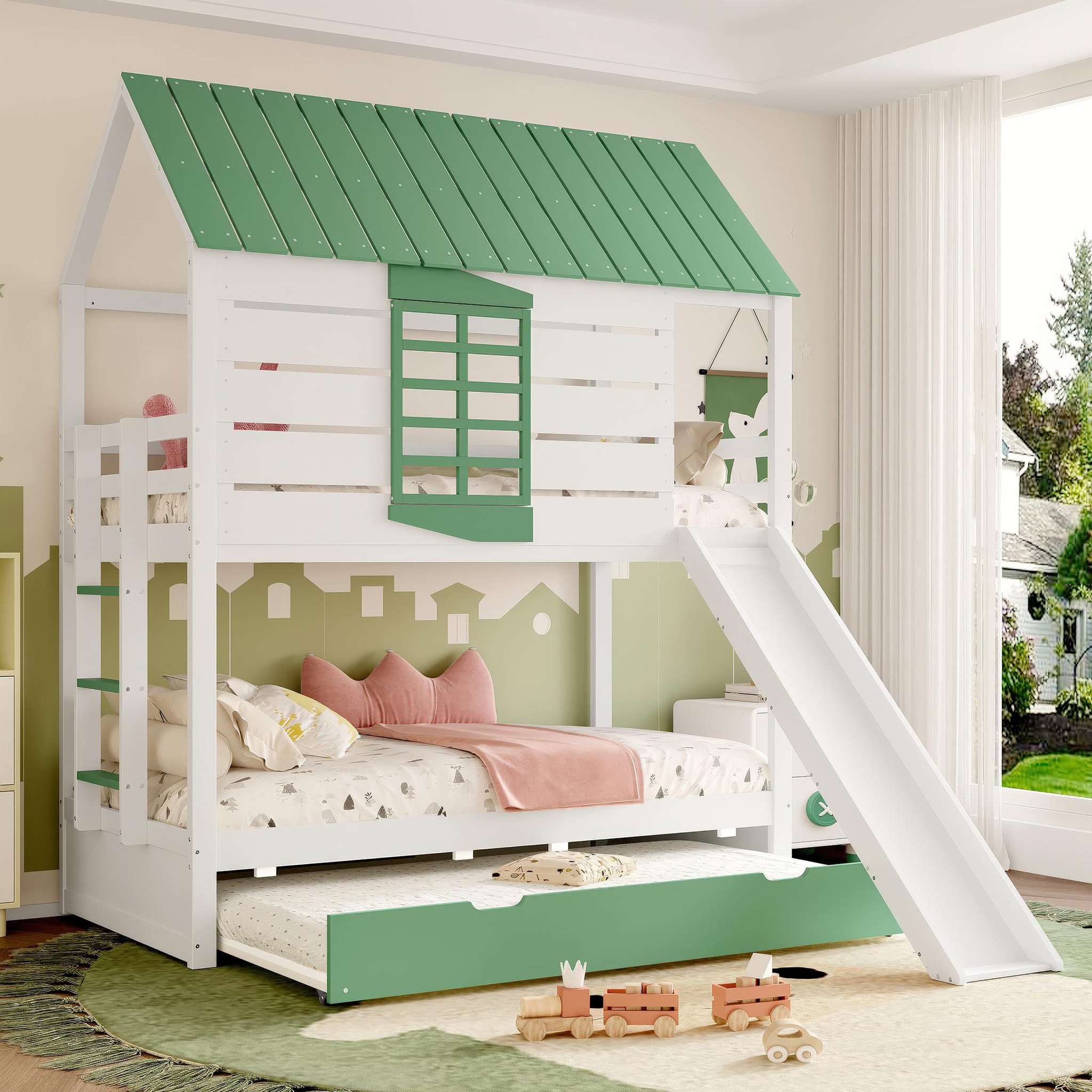 Voir la diapositive 4 : MERAX Lit superposé 140x200cm coloris blanc+vert pin et mdf