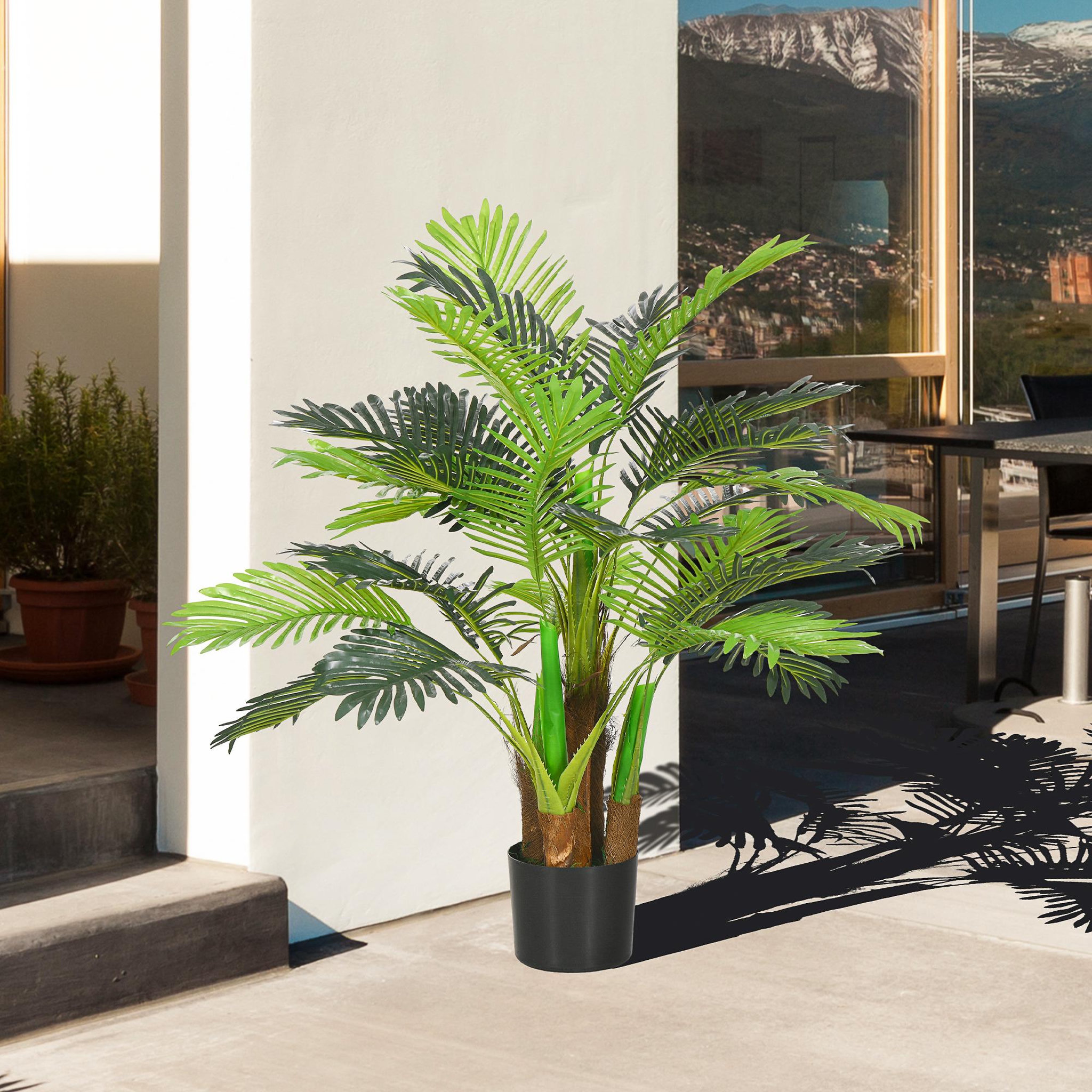 Voir la diapositive 2 : HOMCOM Palmier artificiel H.1 m arbre artificiel tronc branches lichen feuilles grand réalisme pot inclus