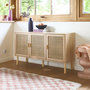 Voir la diapositive 3 : SWEEEK Buffet 3 portes et 3 étagères cannage et effet bois. Piètement et poignées en bois de sapin. buffet bas. L 120 x P 39 x H 70cm CAMARGUE