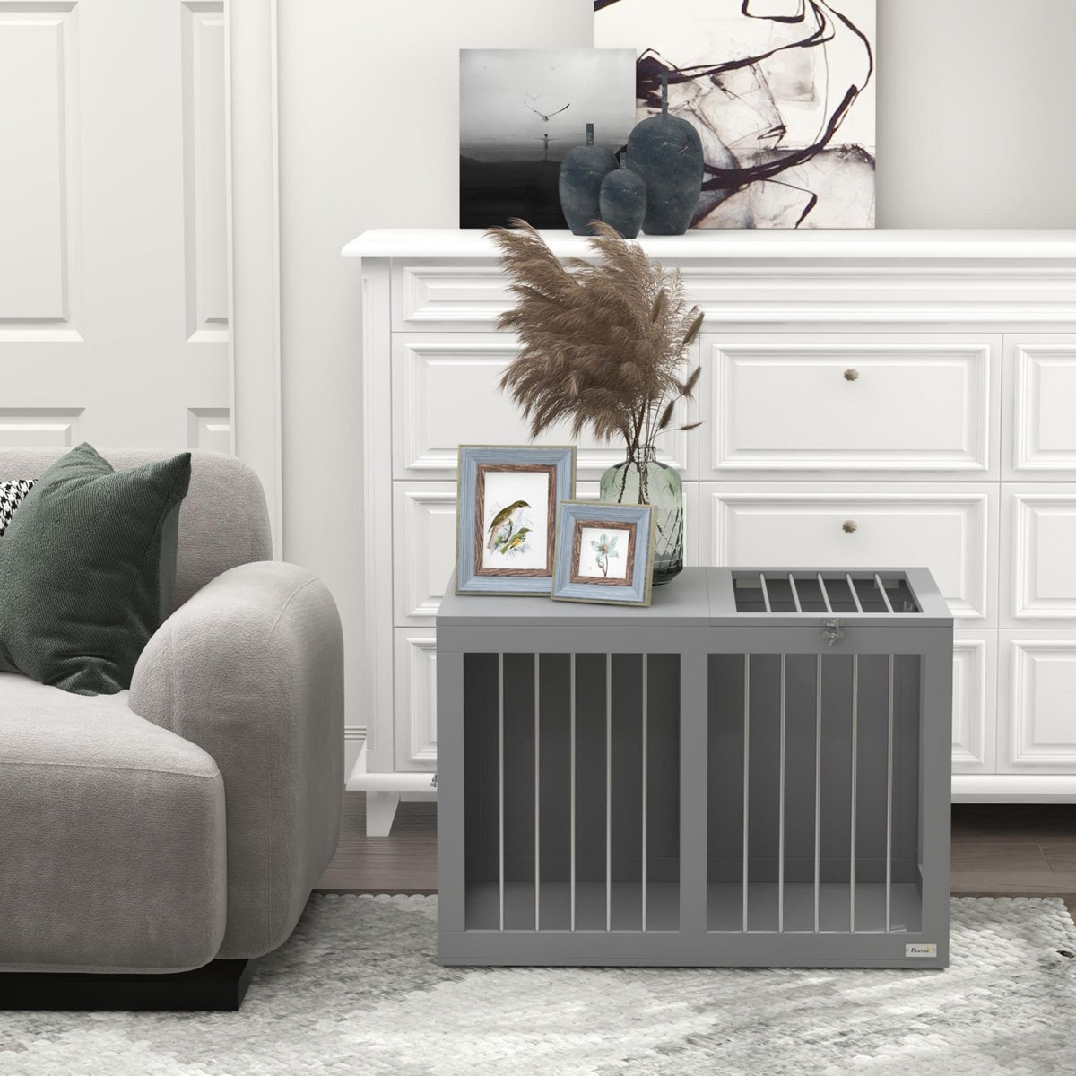 PAWHUT Cage chien intérieure niche pour chien 2 portes verrouillables 80 x 50 x 56,5 cm gris