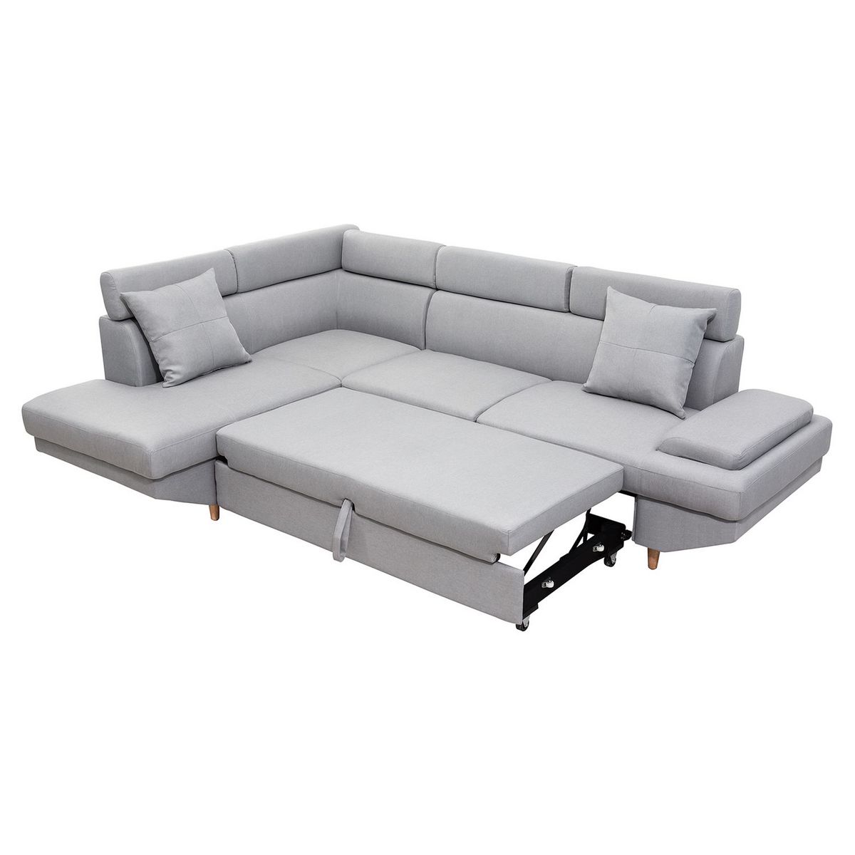 Canapé d'angle gauche convertible 5 places tissu pieds bois clair MARIUS 