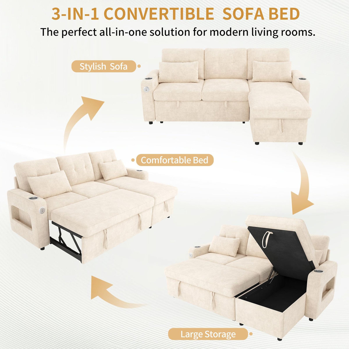 MERAX Canapé d'angle droit convertible 3 places tissu led coffre de rangement