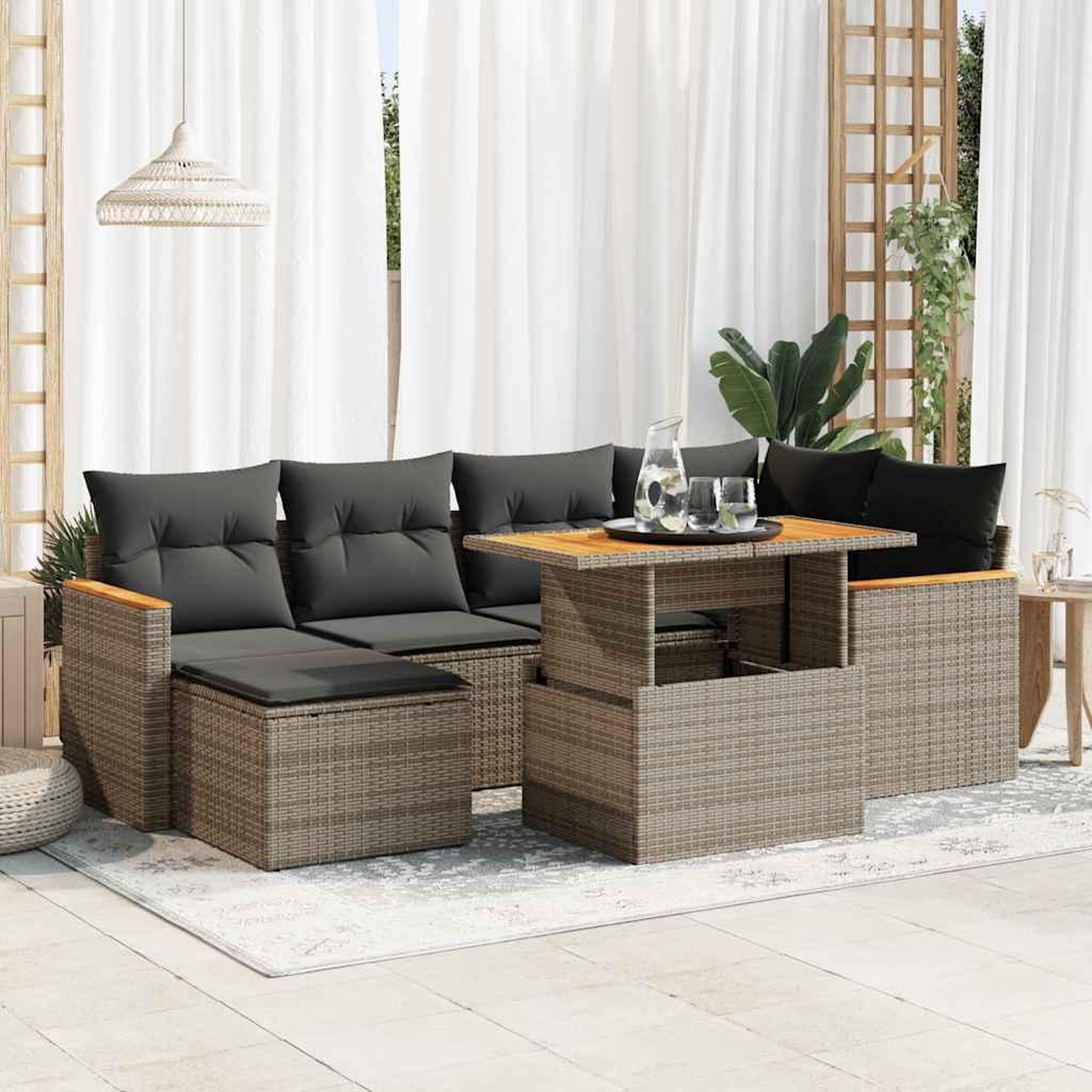 VIDAXL Salon de jardin avec coussins 7 pcs gris resine tressee acacia