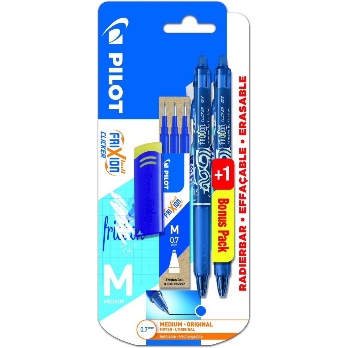 PILOT Lot de 2 stylos bille effaçable pointe moyenne FriXion Clicker bleu +  3 recharges + gomme pas cher 