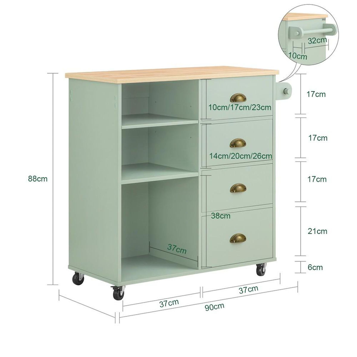 SOBUY SoBuy - Îlot De Cuisine à 4 tiroirs - Vert - 90x37x88cm - Nordique - FKW127-GR
