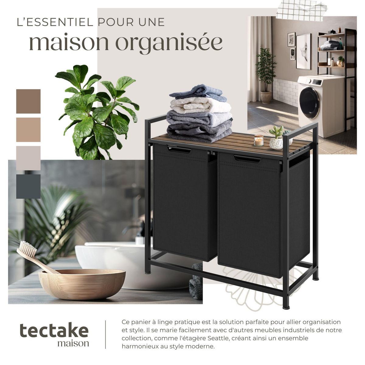tectake Panier à linge style industriel avec 2 ou 3 compartiments extensibles noir/marron 34 x 74 x 72 cm