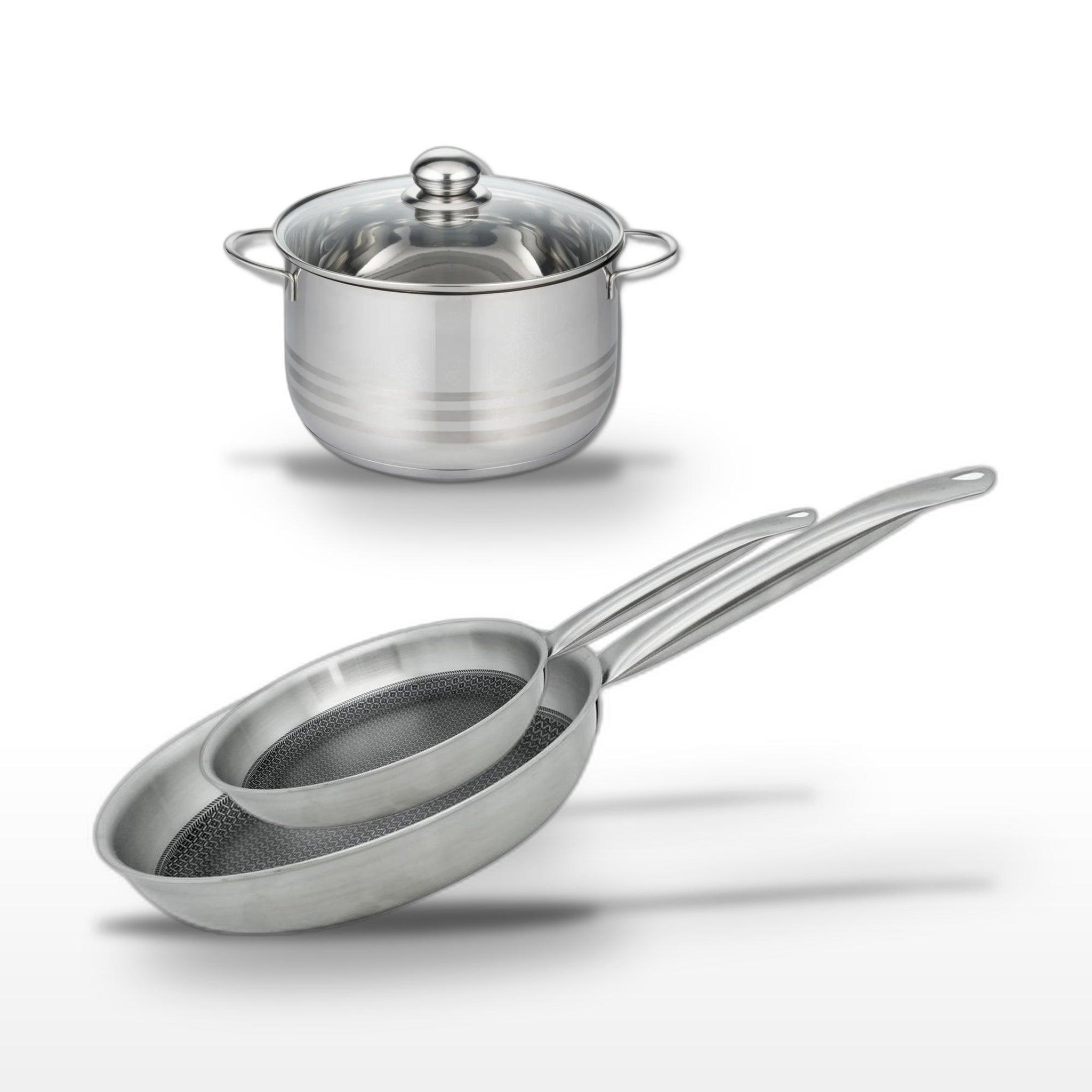 ELO Batterie de cuisine avec 2 poêles 24/28 cm et 1 faitout 24 cm en inox et aluminium sans pfas elo collection relief solution brillant