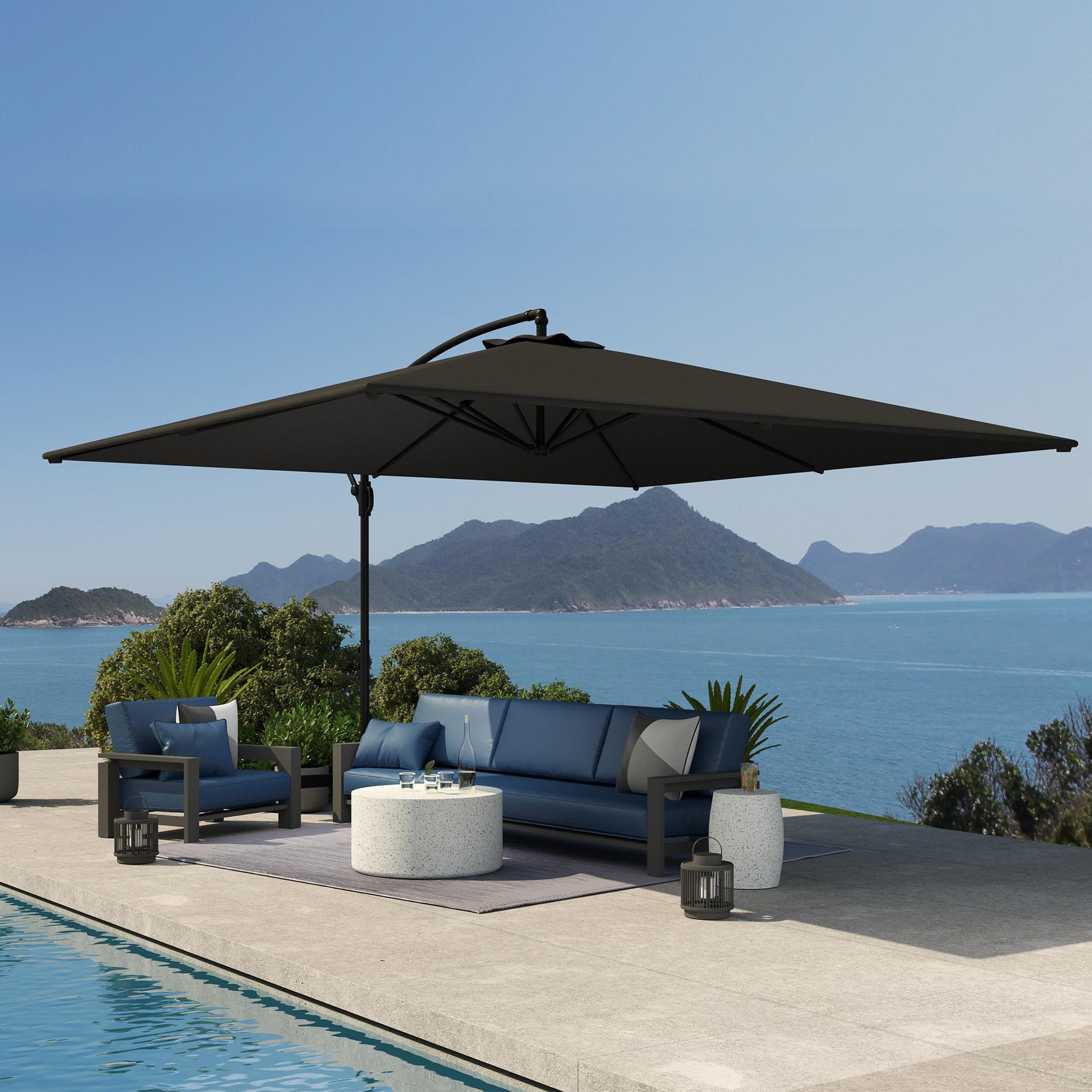 Voir la diapositive 2 : OUTSUNNY Parasol déporté rectangulaire grande taille dim. 3,55 x 3,9 m - inclinable, pivotant - manivelle, piètement en croix - gris
