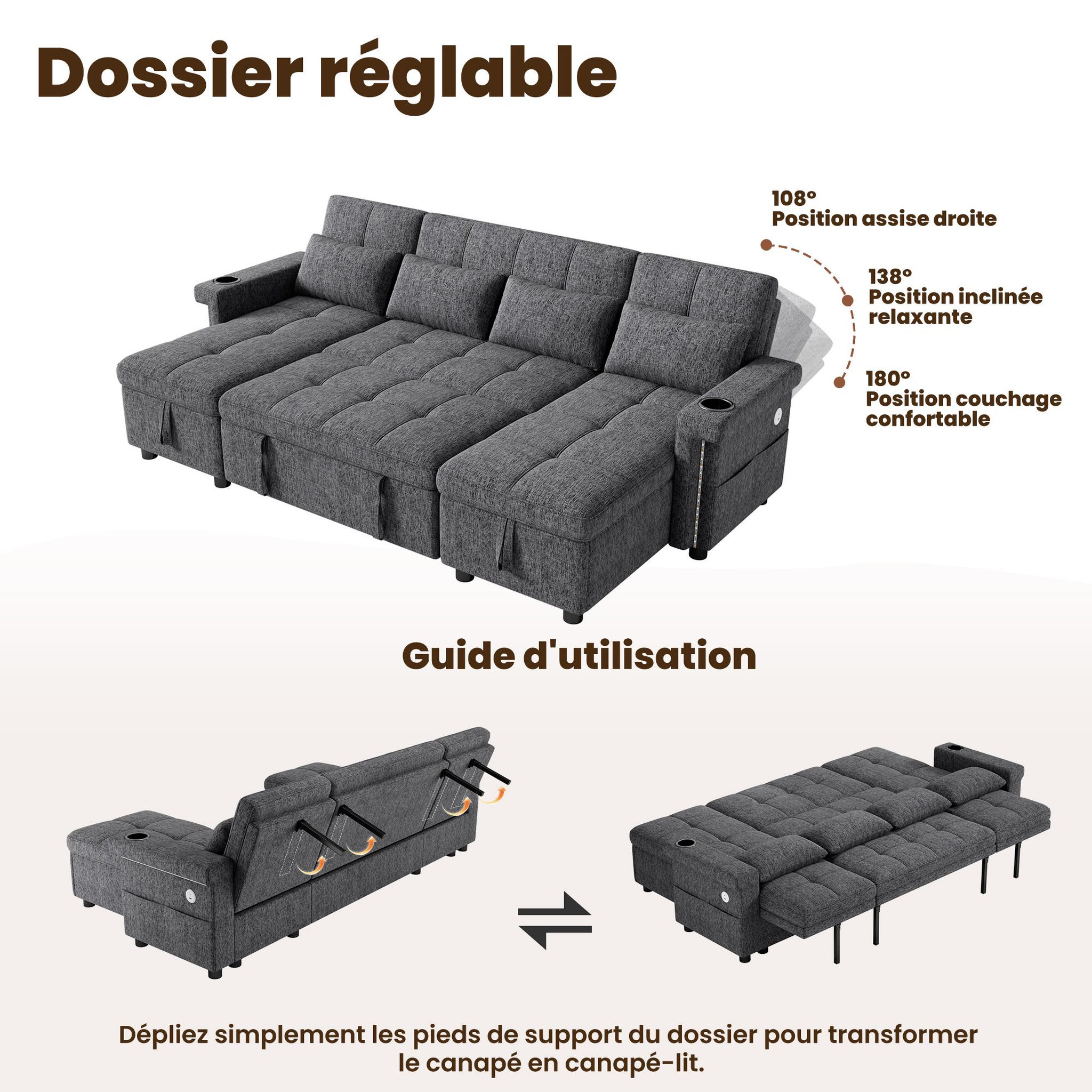 Voir la diapositive 5 : MERAX Canapé d'angle u convertible 4 places avec dossier réglable led usb type-c tissu chenille