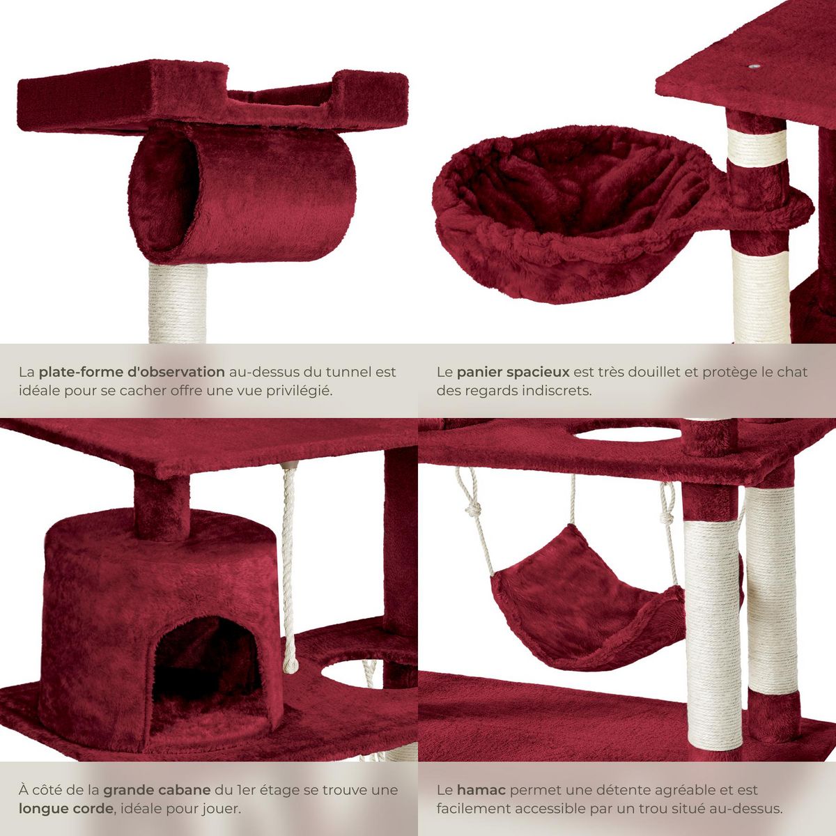tectake Arbre à chat 141 cm avec griffoir et plateforme d'escalade rouge bordeaux