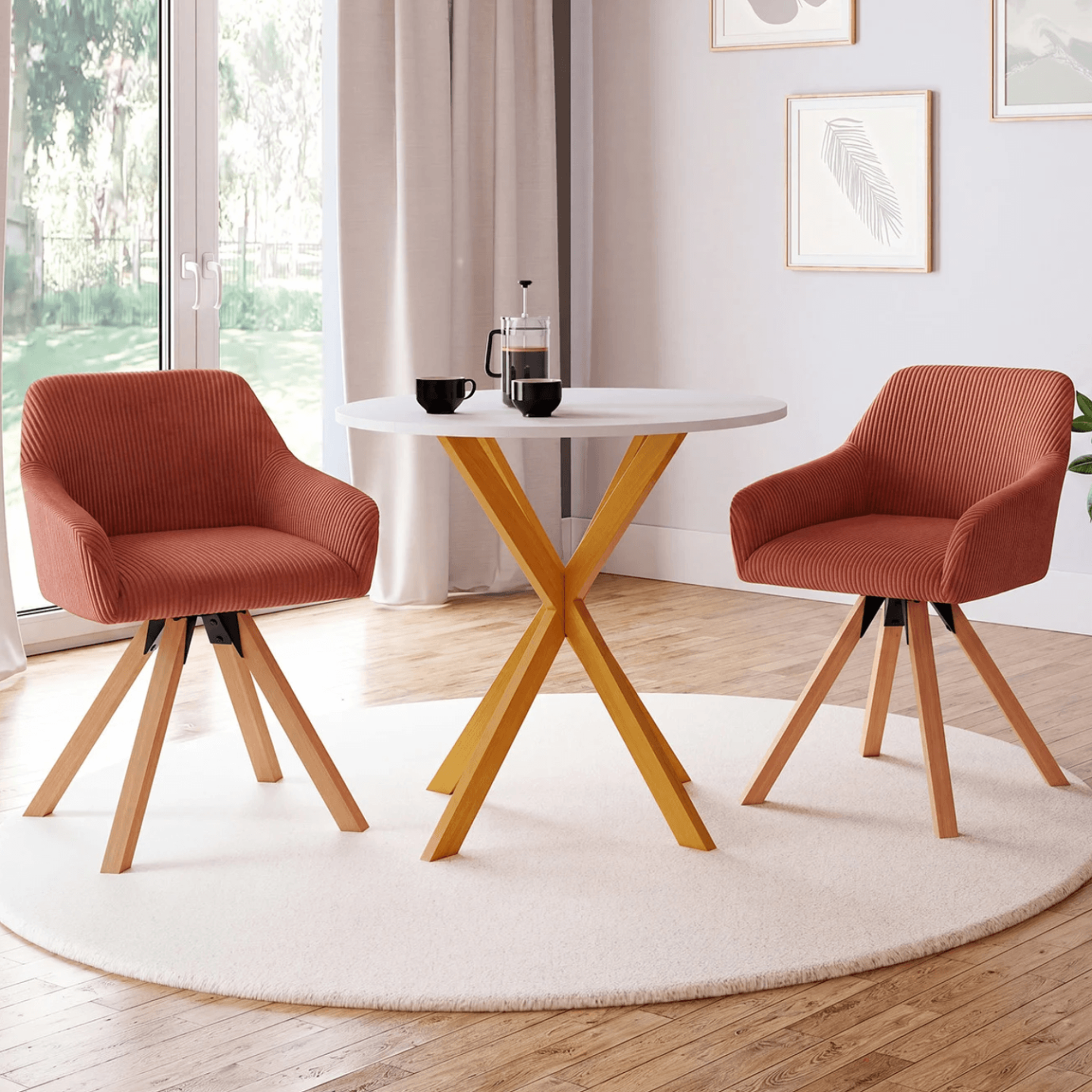 Voir la diapositive 2 : ID MARKET Lot de 2 chaises pivotantes 360° de salle à manger, fauteuils de table jany en velours côtelé terracotta