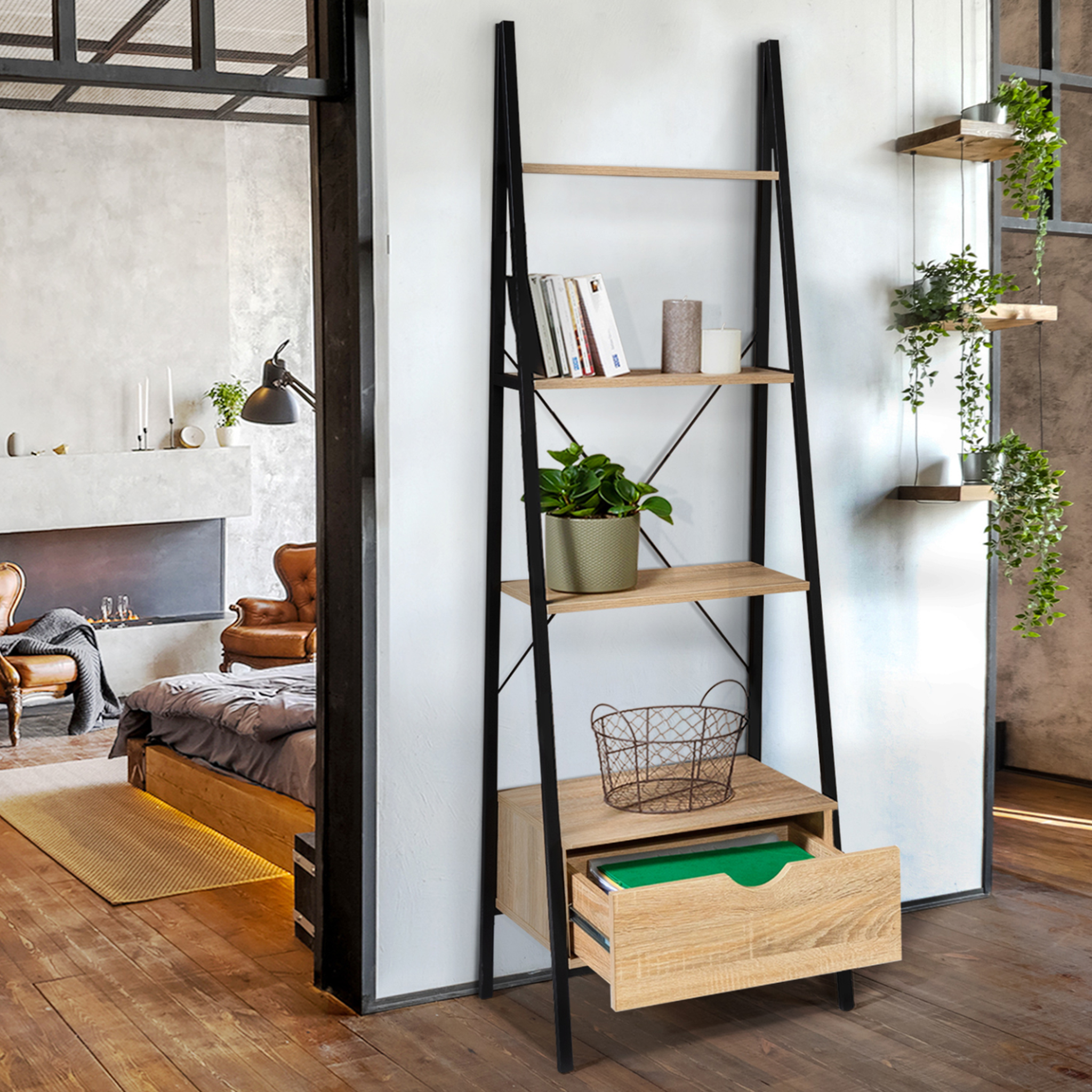 Voir la diapositive 3 : ID MARKET Etagère échelle 4 niveaux avec tiroir detroit design industriel