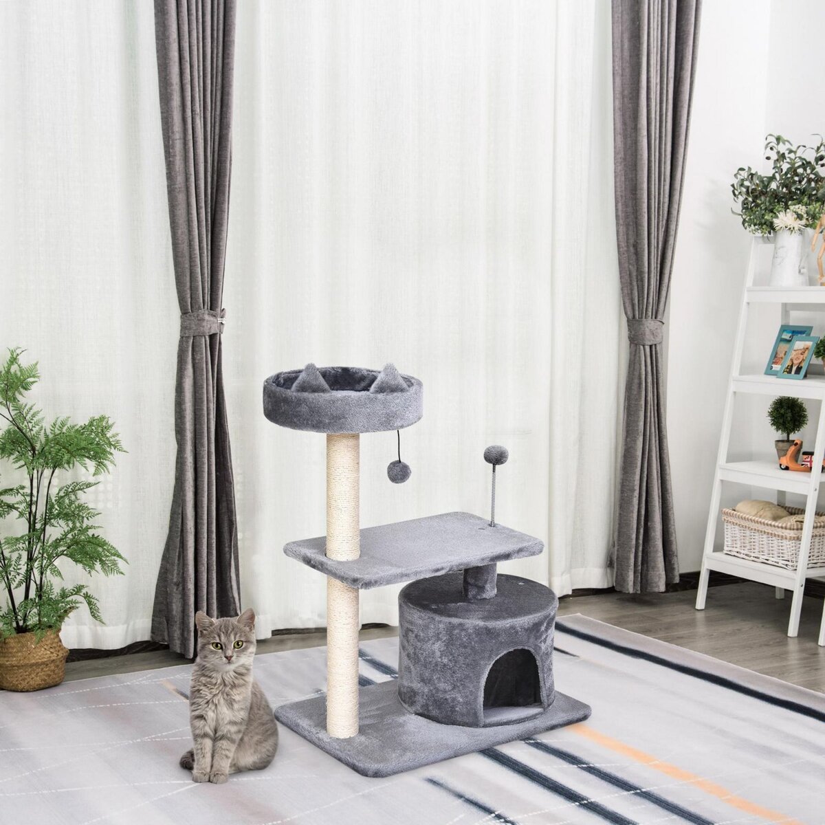PAWHUT Arbre à chats griffoir sisal naturel centre d'activités niche plateformes jeu boule suspendue et à ressort gris