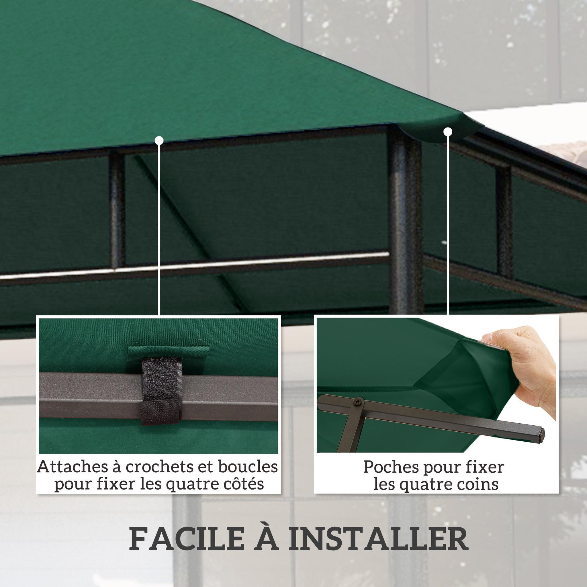 Voir la diapositive 4 : OUTSUNNY Toile de rechange pour pavillon tonnelle tente 3 x 3 m polyester haute densité 180 g/m² revêtement PA anti-UV vert