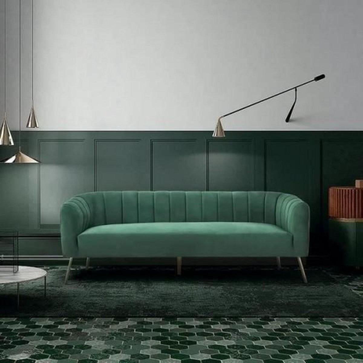 MARKET24 Canapé 3 places - Velours vert - L 207 x P 87 x H 77 cm - MATHIS - Structure bois massif