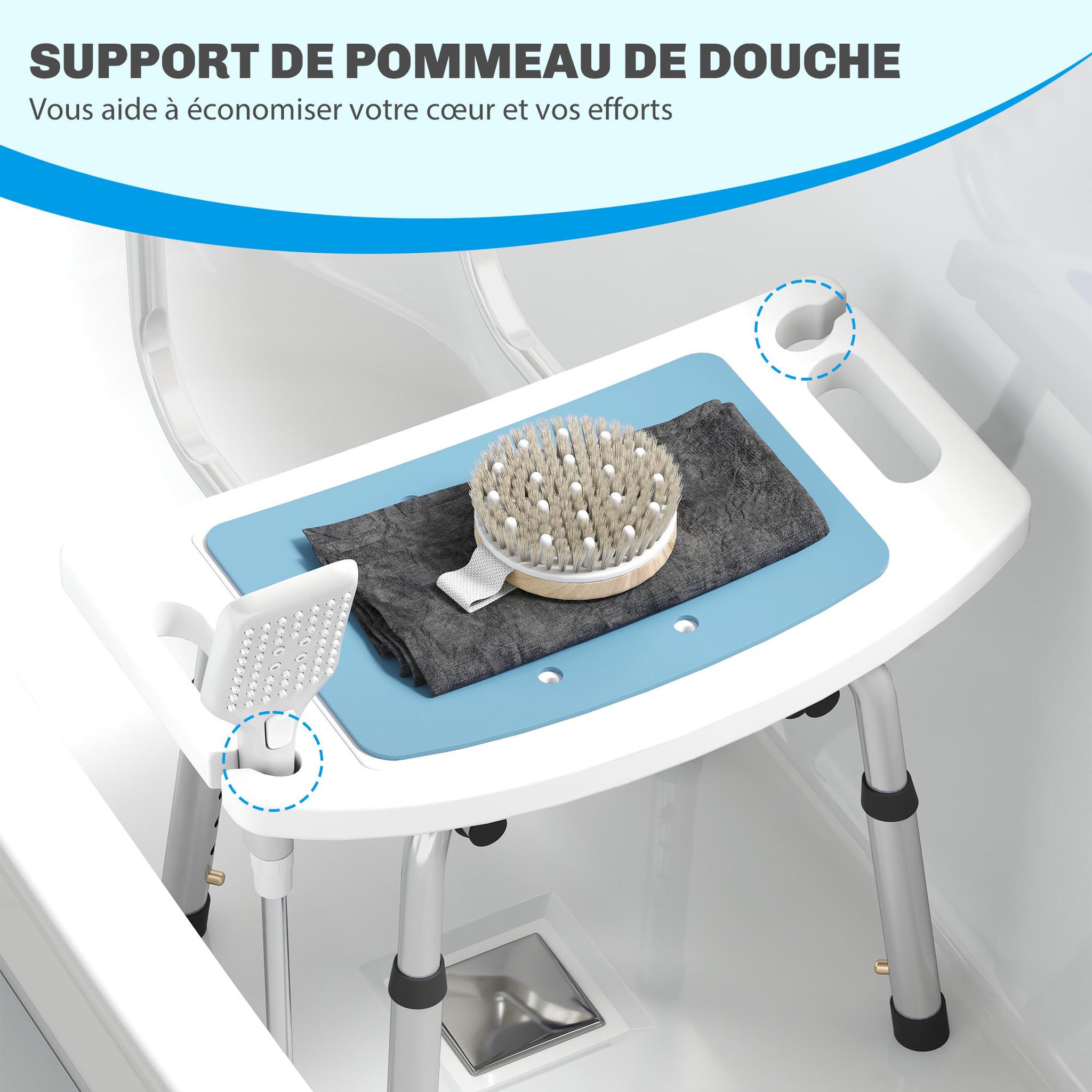 Voir la diapositive 4 : HOMCOM Chaise de douche siège de douche ergonomique hauteur réglable pieds antidérapants charge max. 136 kg alu hdpe bleu