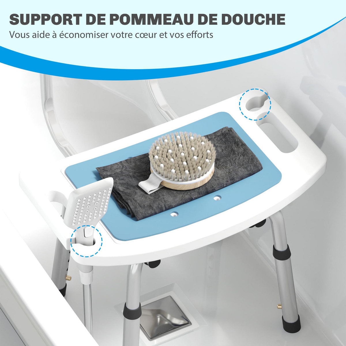 HOMCOM Chaise de douche siège de douche ergonomique hauteur réglable pieds antidérapants charge max. 136 Kg alu HDPE bleu