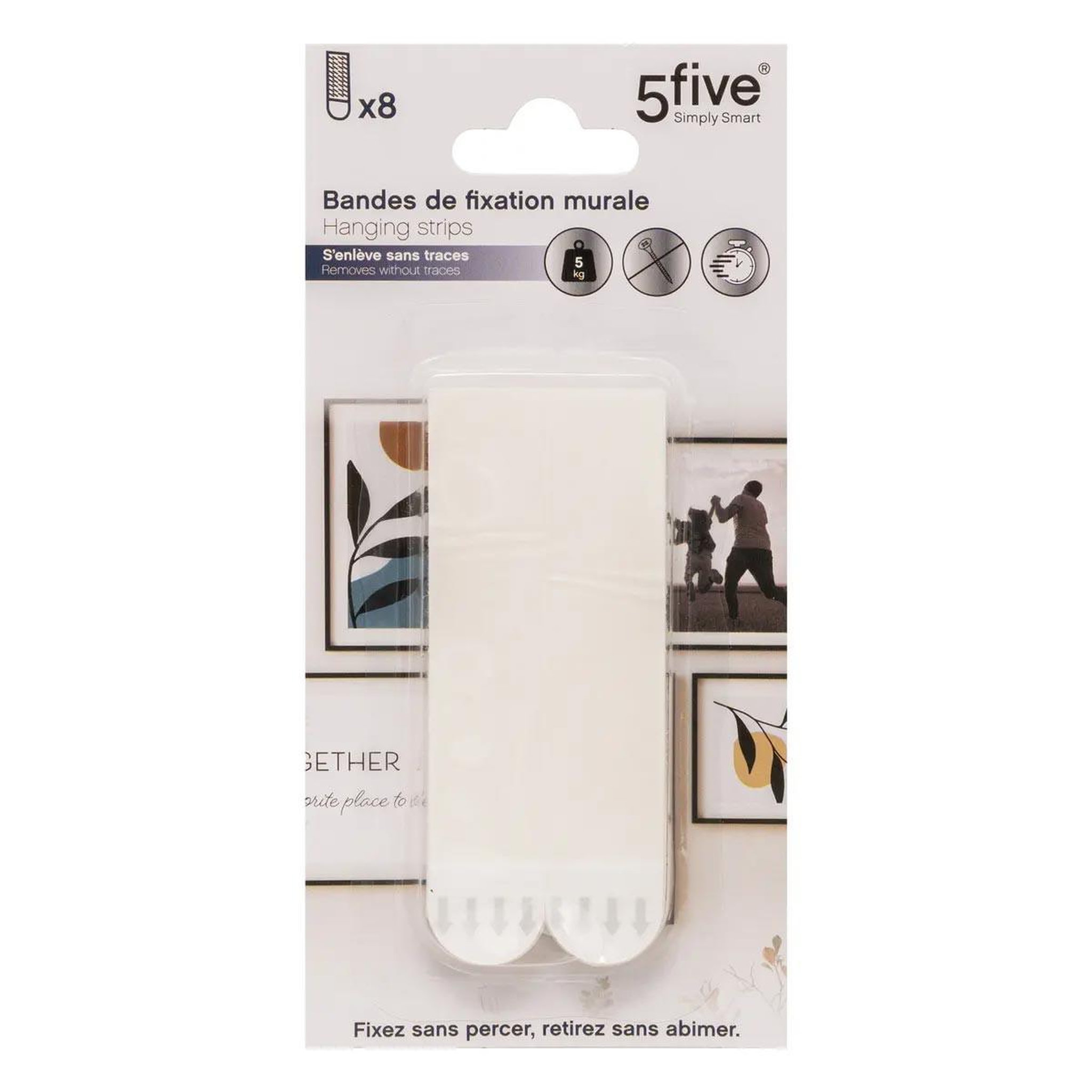 Voir la diapositive 4 : FIVE Lot de 8 bandes de fixation murale  adhésives  9cm blanc