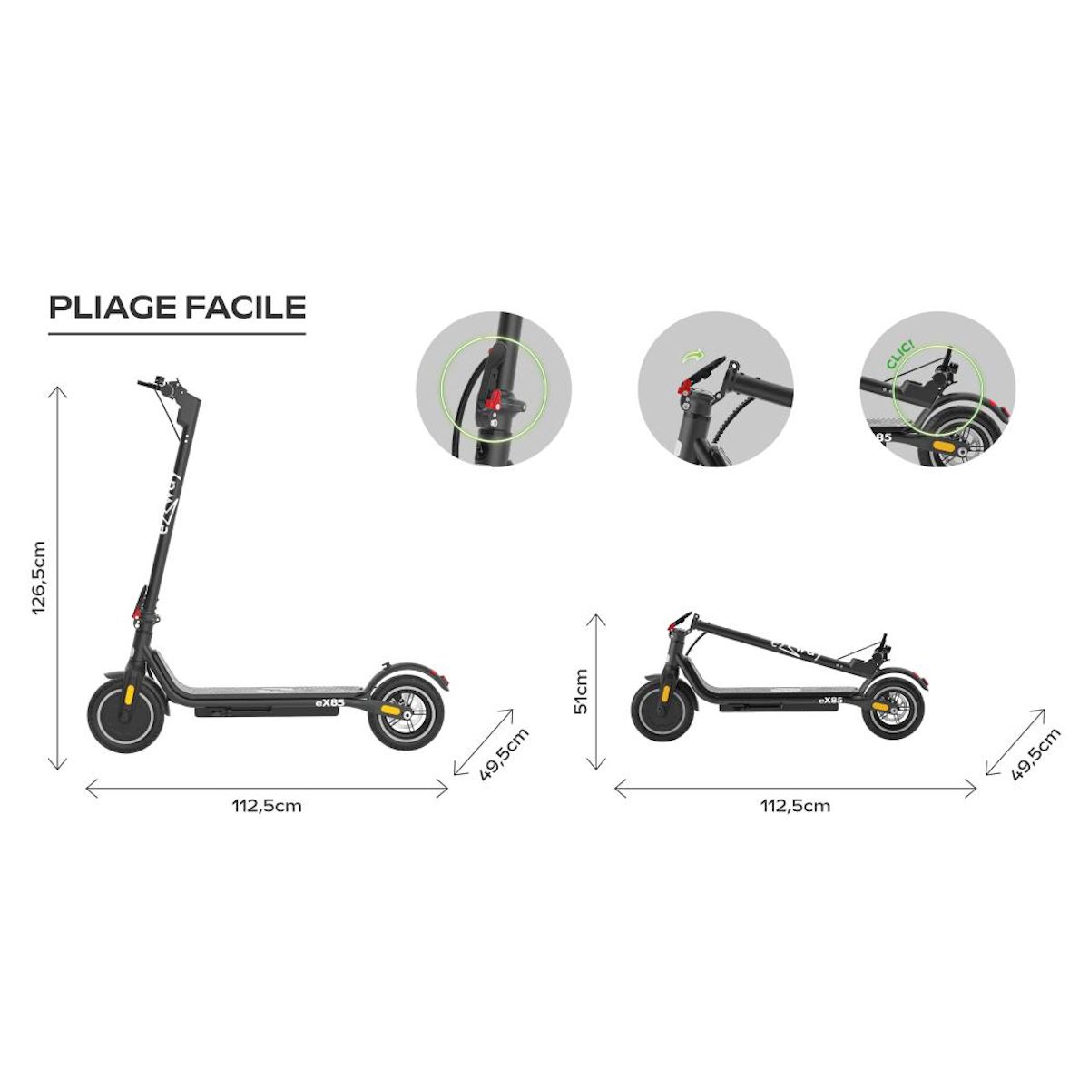 EZWAY Trottinette électrique 85 - 25 km/h, 20 km d'autonomie, batterie 21,6V 7,8Ah, frein à disque, suspensions confort