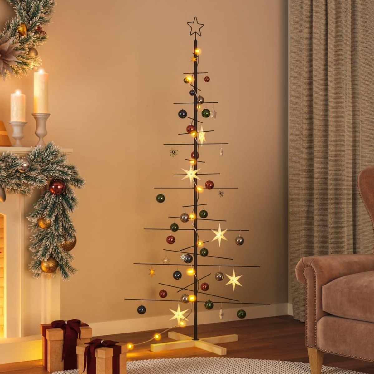 VIDAXL Arbre de Noël en metal avec base en bois noir 180 cm