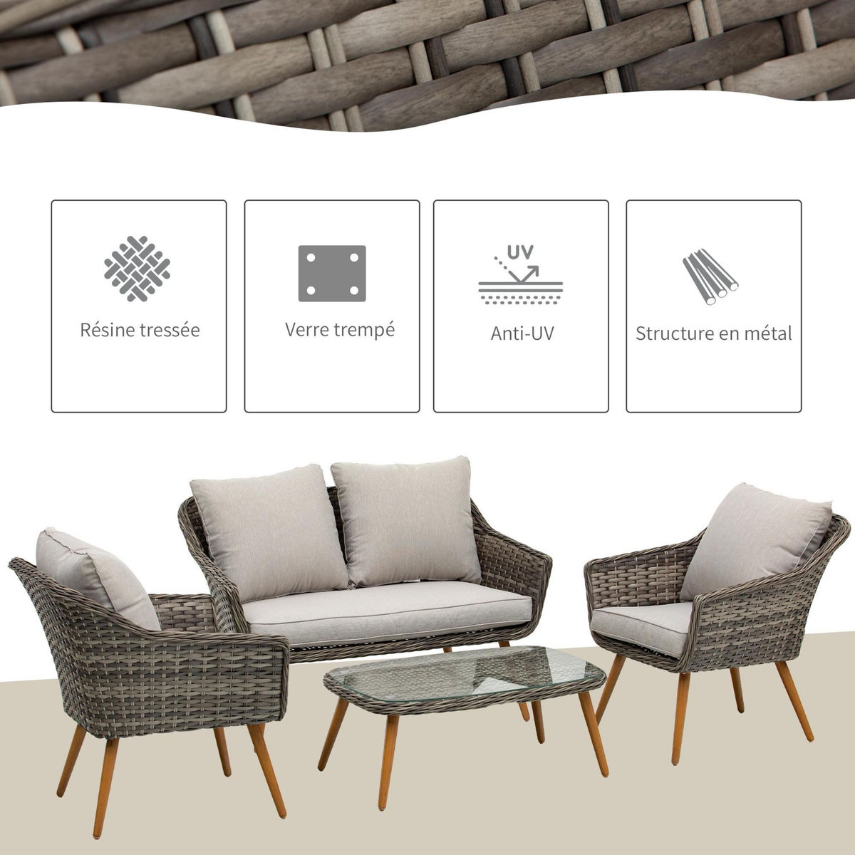 OUTSUNNY Salon de jardin 4 places 4 pièces design scandinave métal époxy résine tressée imitation rotin coussins inclus gris