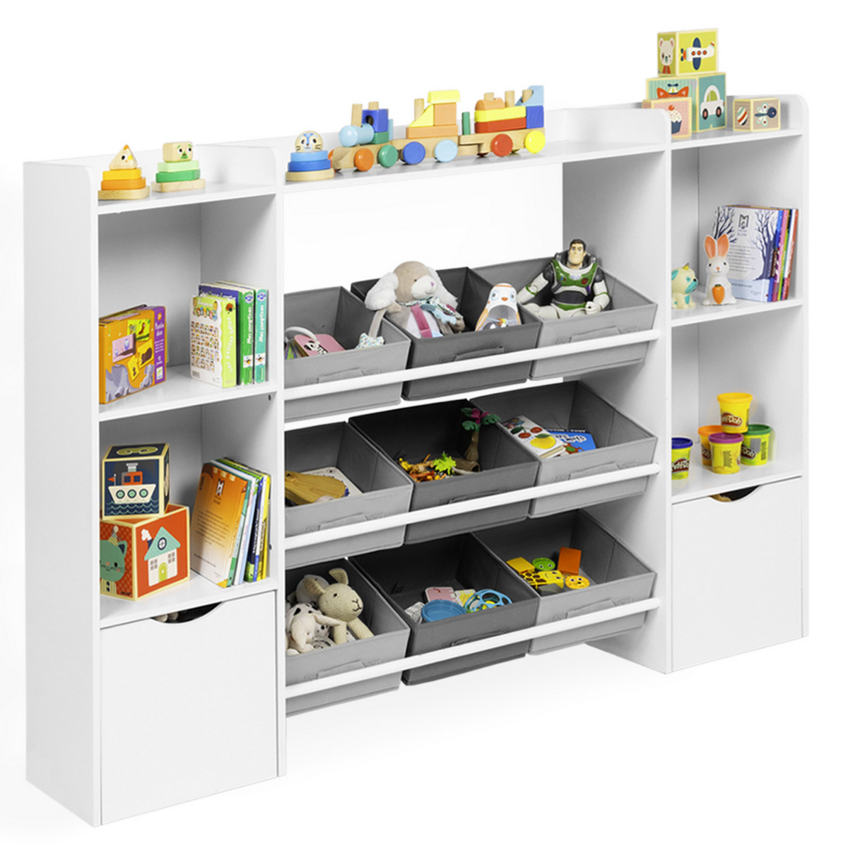 ID MARKET Meuble de rangement enfant MANA 7 étagères, 9 bacs en tissu et 2 cubes sur roulettes blanc