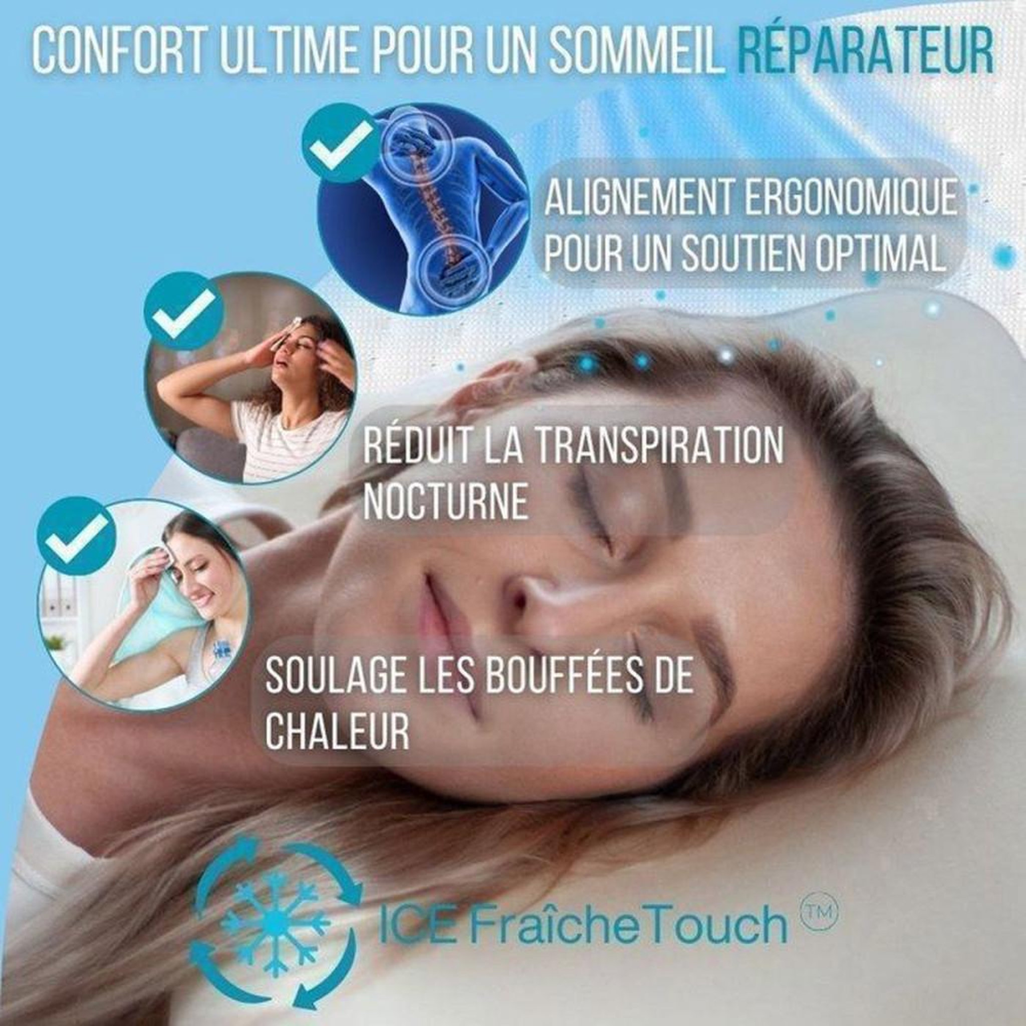 Voir la diapositive 3 : Oreiller mémoire de forme gel rafraîchissant 60x40x13 cm ClimaConfort ICE, housse amovible, support ergonomique blanc