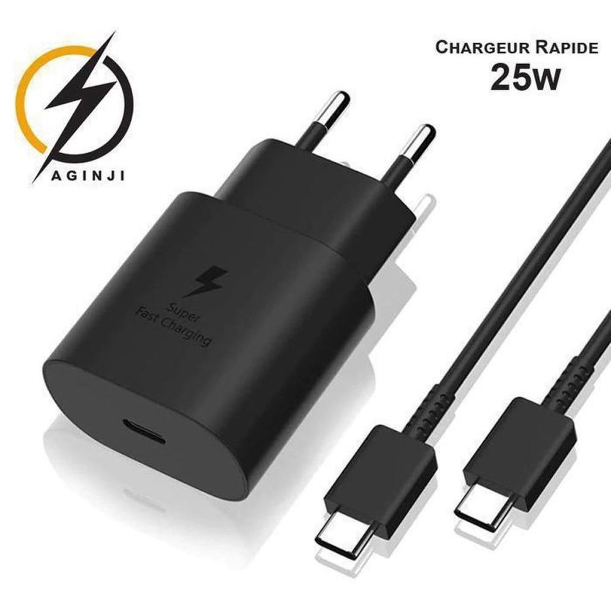 Chargeur rapide 25W avec câble USB-C 1 m, noir, prise secteur à 2 broches, compatible Samsung et smartphones USB-C