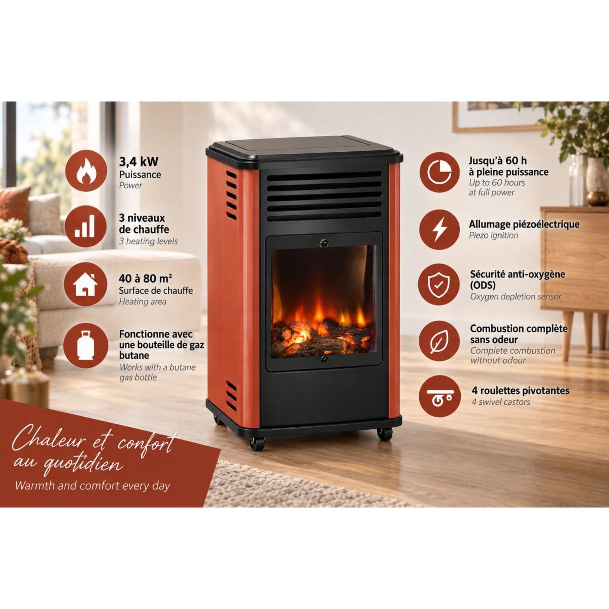 Voir la diapositive 2 : SAHARA Pack 2 Poêles à gaz 3.4KW Manhattan Rouge Effet feu de bois 3 niveaux de chauffe 40-80m2 Sahara